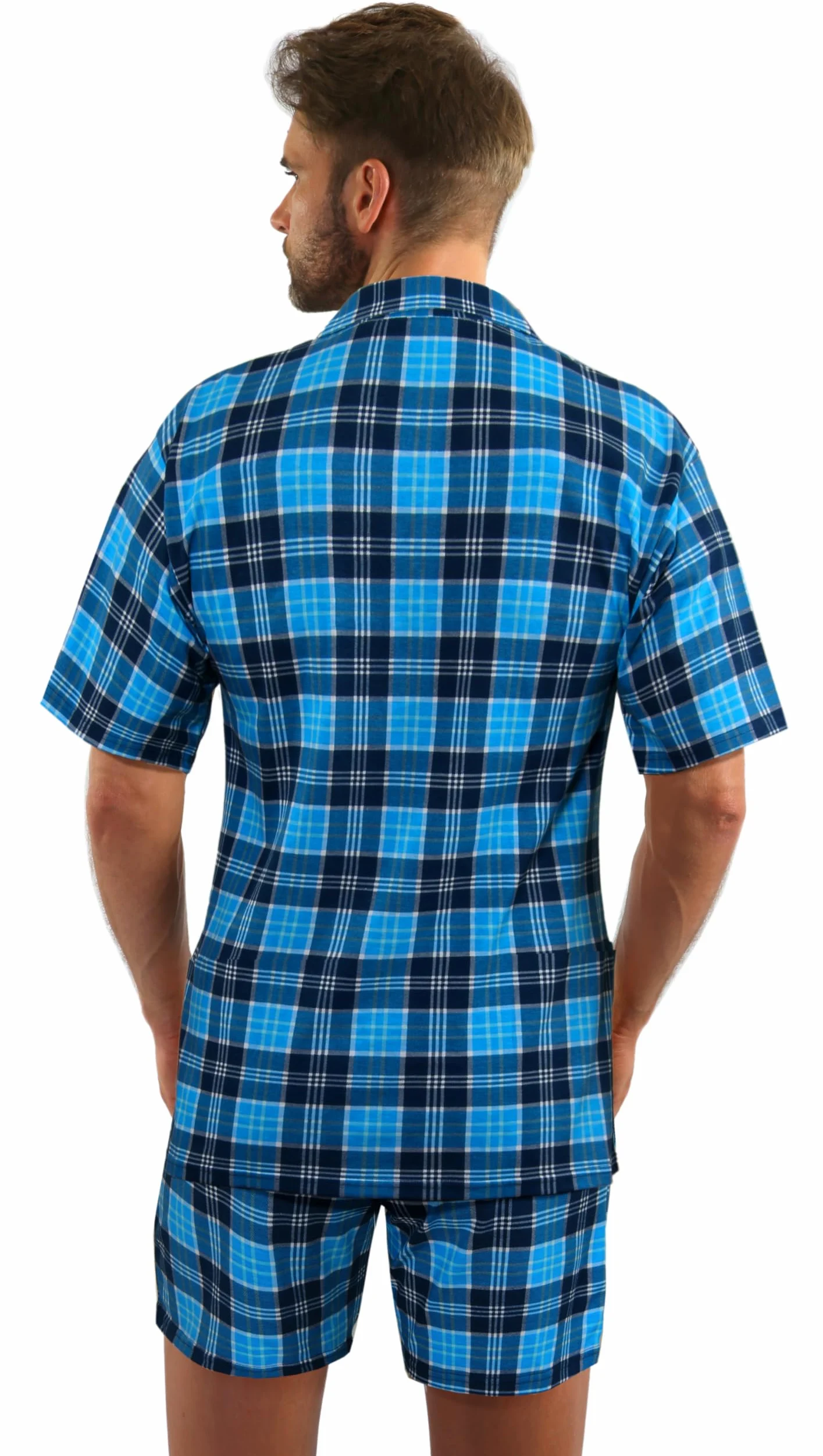 Sesto Senso Elegante Pijama de Hombre a Cuadros de Manga Corta Algodón Camisa con Botones Pantalón Corto