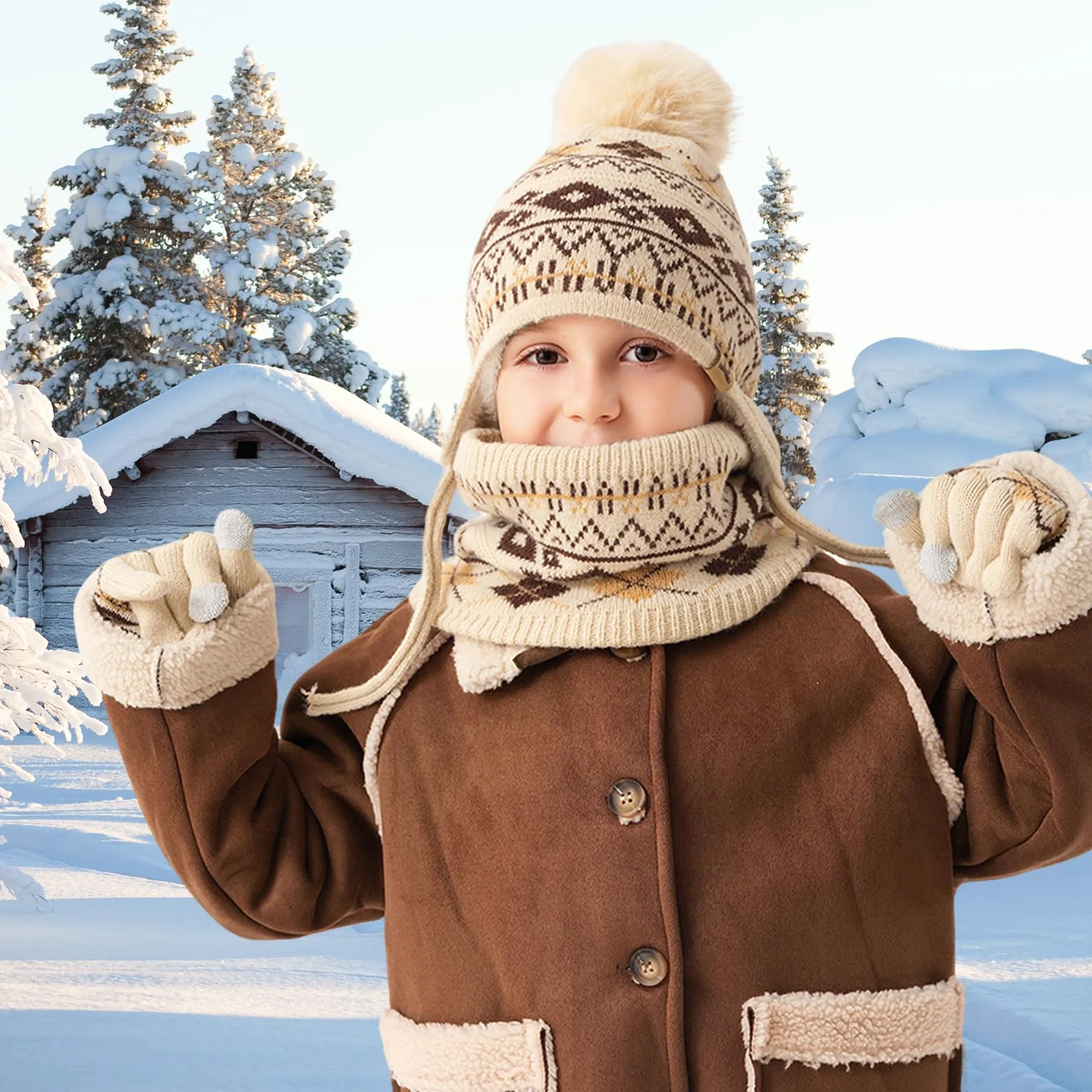 Juego de 3 piezas de invierno para niños con forro polar y gorra, polaina para el cuello, guantes para 3-8 años con pompón, cálidos, pantalla táctil, nieve, escuela, uso al aire libre