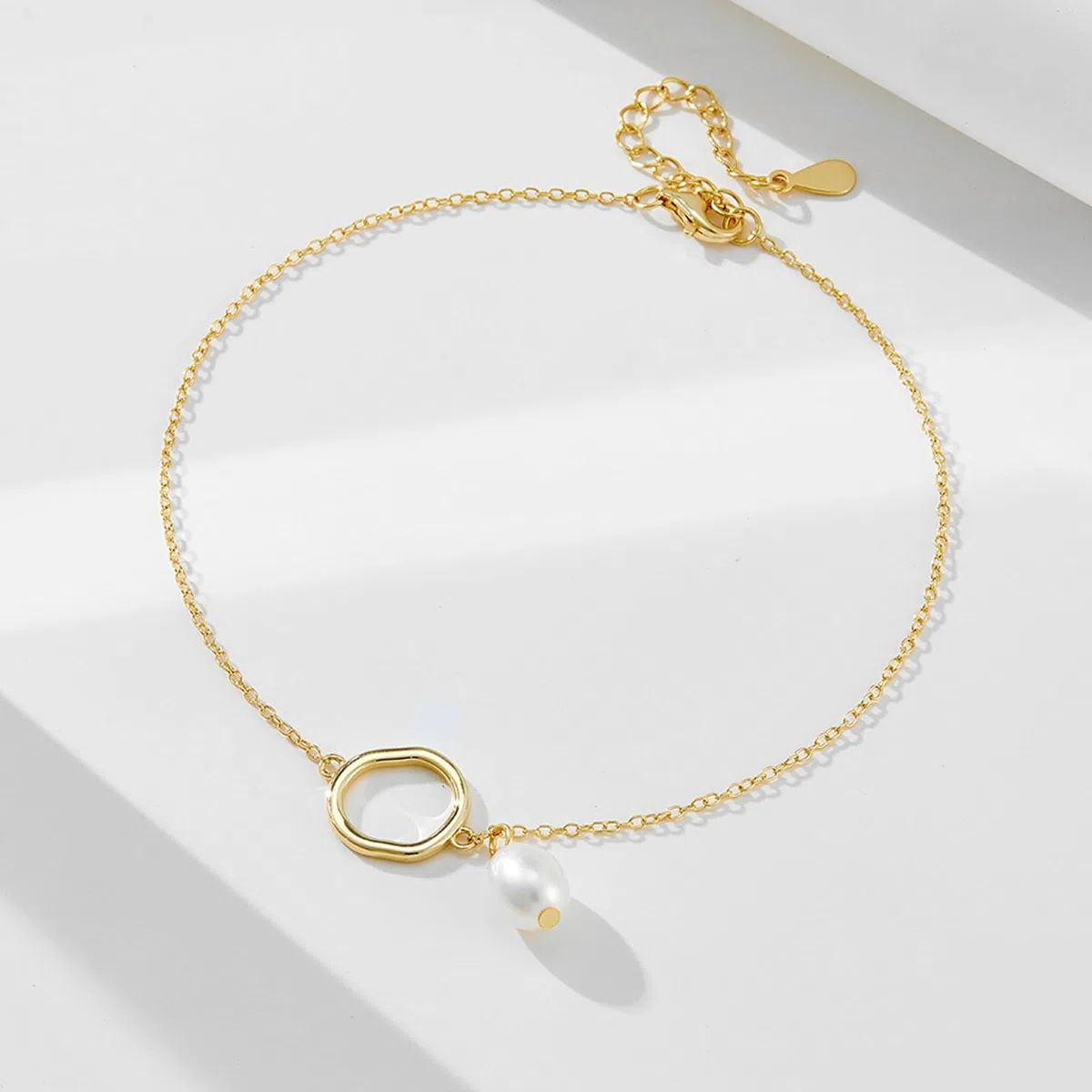 Pulsera tobillera con círculo irregular con perla para mujer, oro de 18 quilates con perla, pulsera tobillera para mujer, oro amarillo de 9 quilates, 14 y 18 quilates