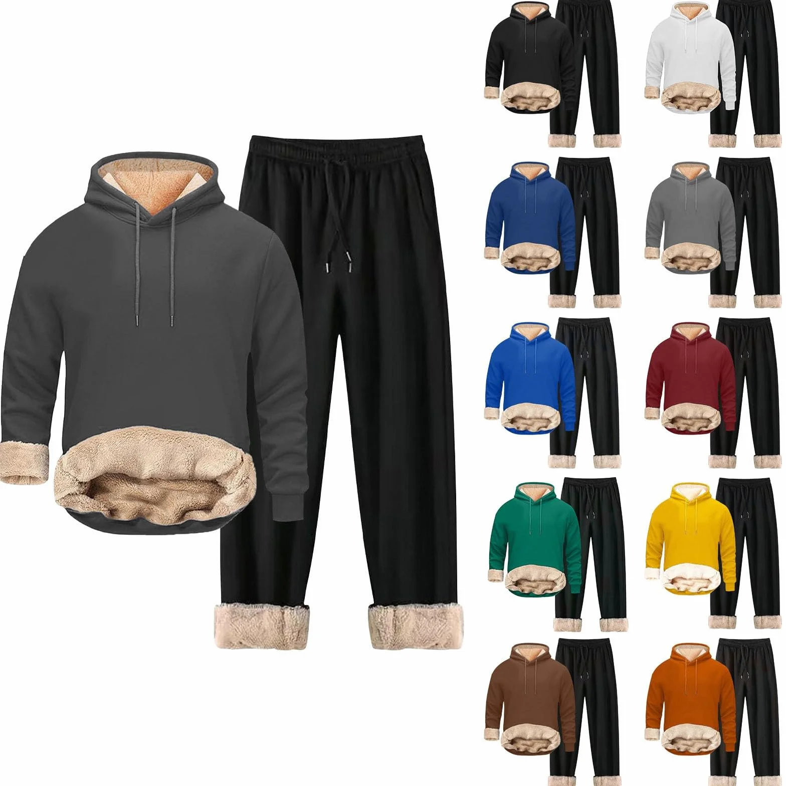 Generisch Conjunto de chándal térmico para hombre, a prueba de viento, sudadera de forro polar cálido, sudadera de invierno engrosada, sudaderas acogedoras con forro polar, ropa deportiva suave