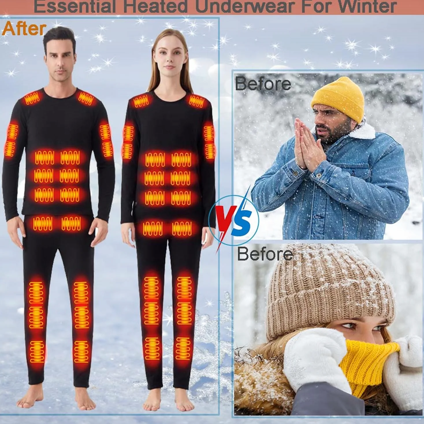 scosao Conjunto Ropa Interior Termica Calefactable Mujer & Hombre Camiseta Manga Larga y Pantalone Invierno 42 Zonas Calefacción para Correr Esquiar y Hacer Ejercicio