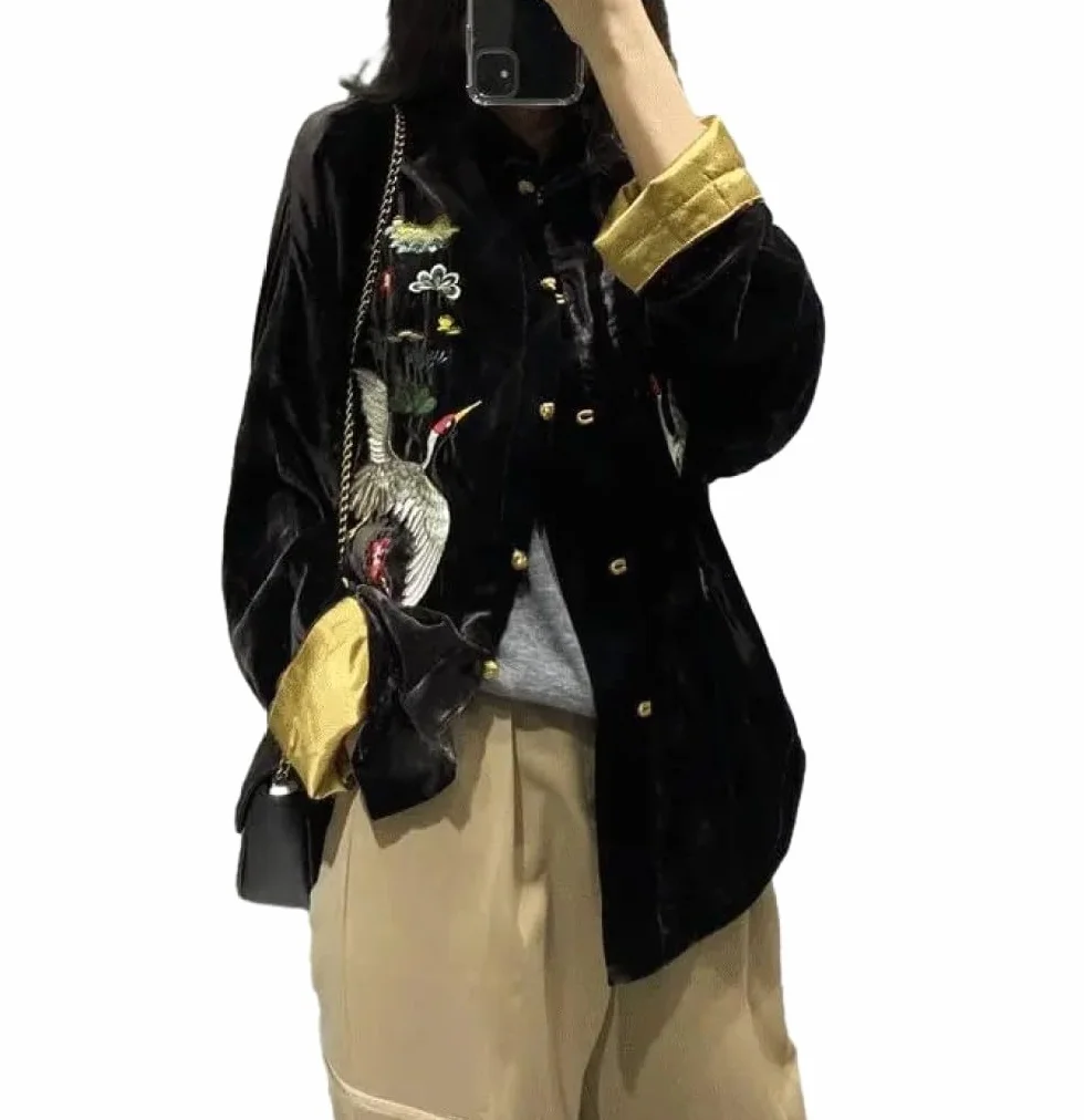 Chaqueta Primavera Estilo China Mujer Abrigo Terciopelo Negro Bordado Chino Chaquetas Informales Sueltas Moda Ropa Étnica Vintage