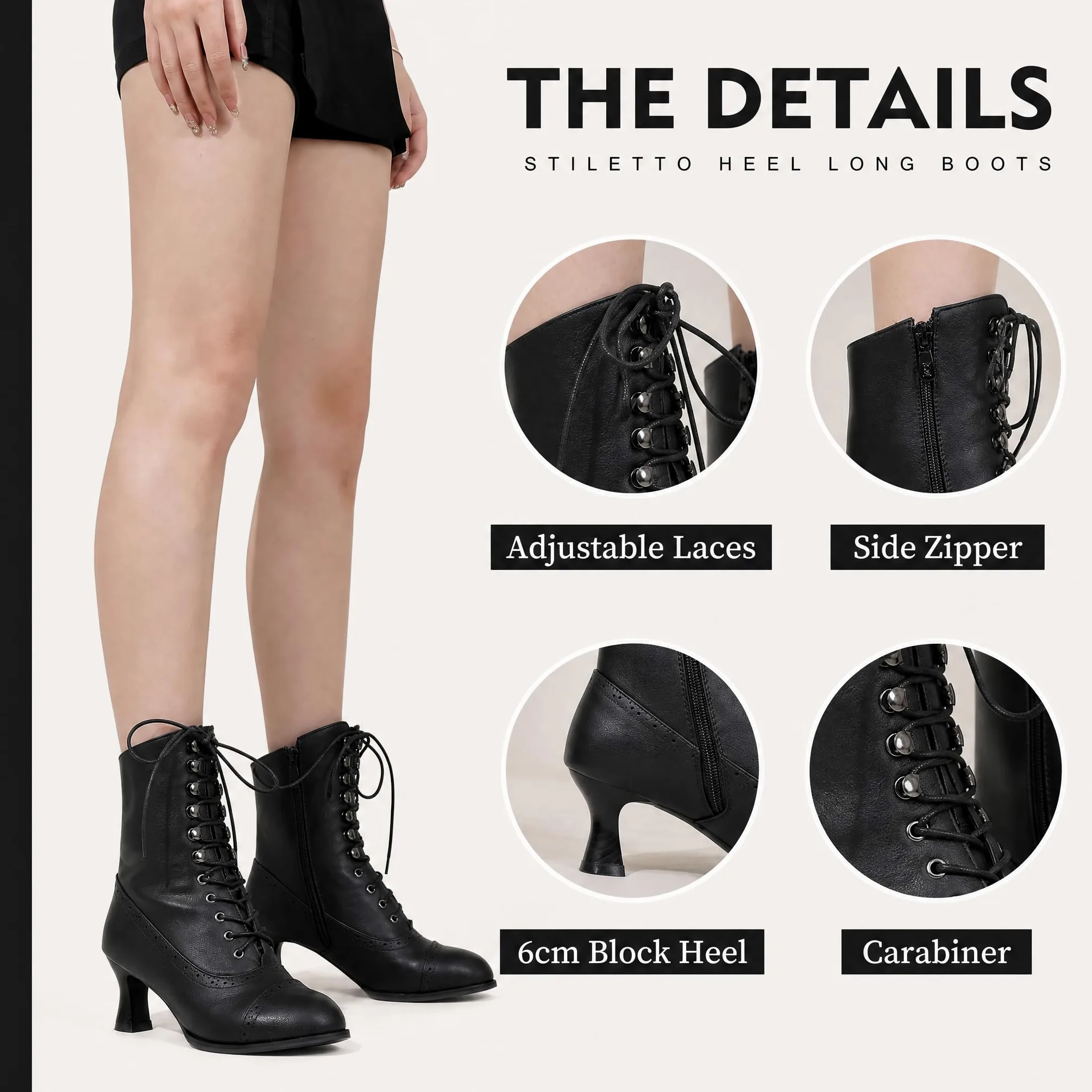 Botines con cordones para mujer, botas victorianas de tacón de gatito, botines puntiagudos con cremallera lateral