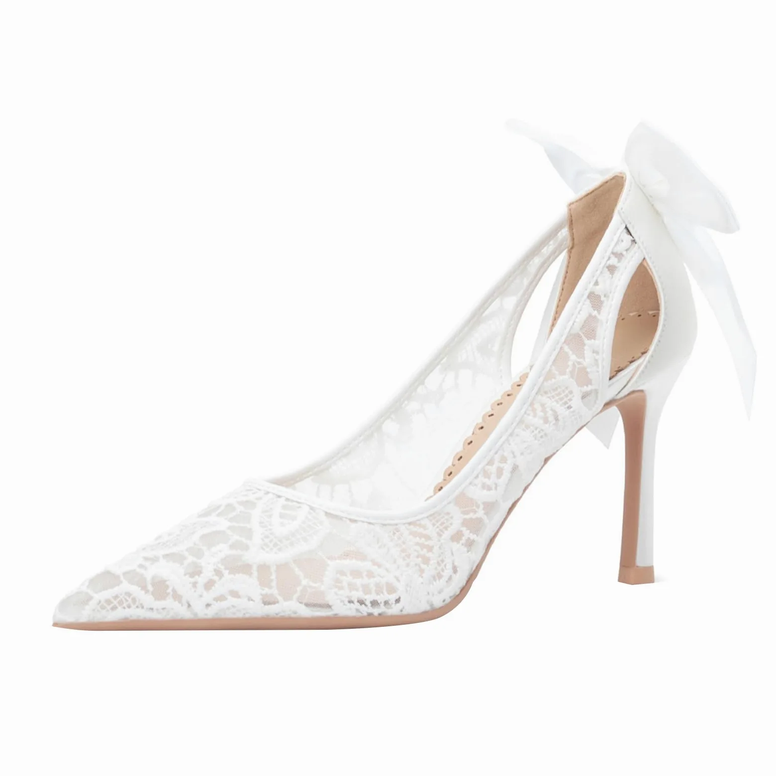 Mujer Zapatos de Tacón 8.5 CM Sexy Stilettos con Punta Calado Blanco Encaje Tul Lazo para Fiestas y Bodas