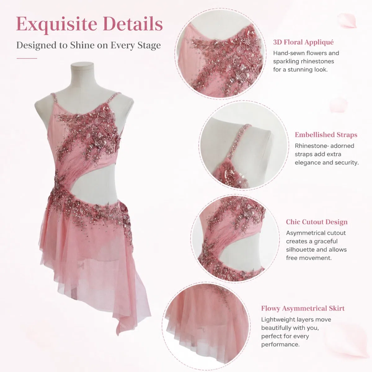 Vestido de danza lírica rosa con pedrería para mujer y adolescente