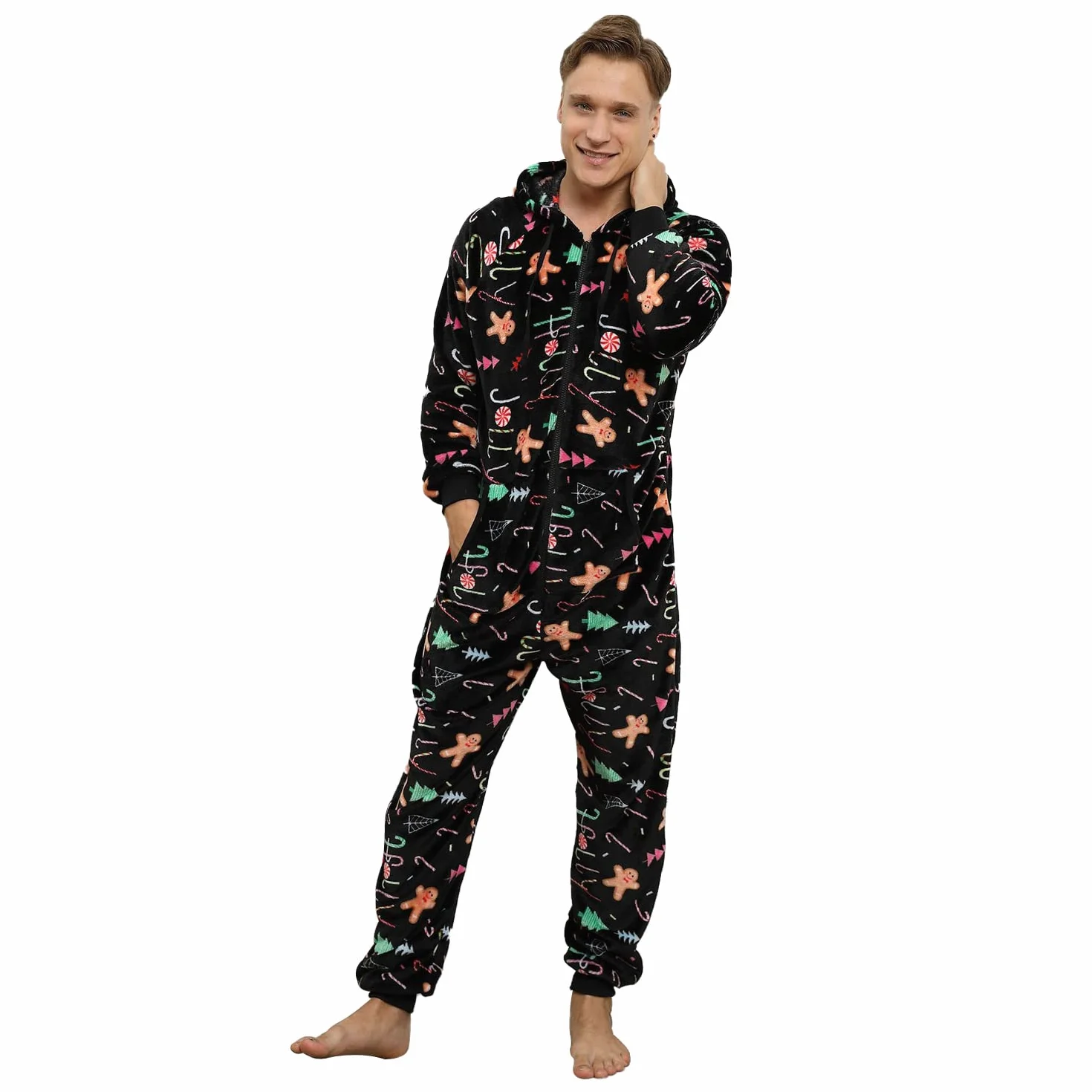 Pijama Navidad Una Pieza Hombre Franela Pijamas Mono Entero con Capucha Manga Larga Invierno Calentito Jumpsuit Adulto Onesie Ropa de Casa Dormir Caramelo de Navidad Negro XL