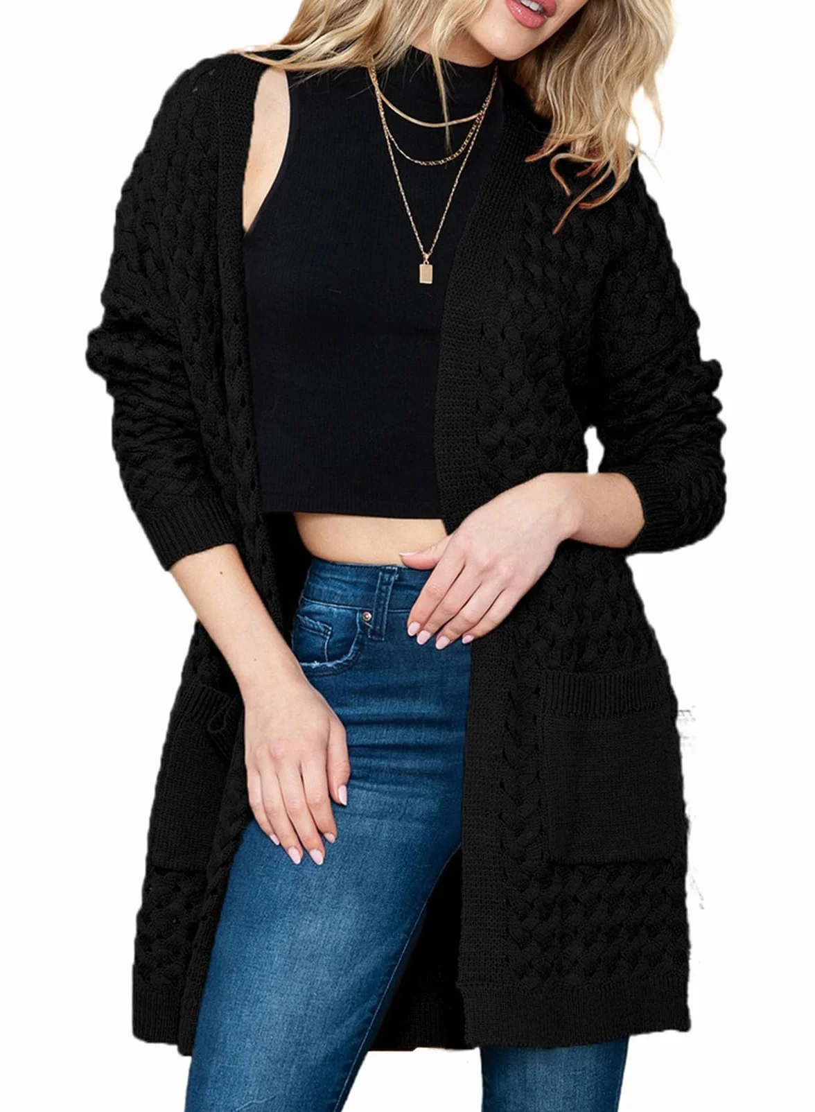 Chaqueta larga de punto para mujer, chaqueta de punto frontal abierta, abrigo con bolsillos, ropa exterior holgada informal para uso diario, Negro , S