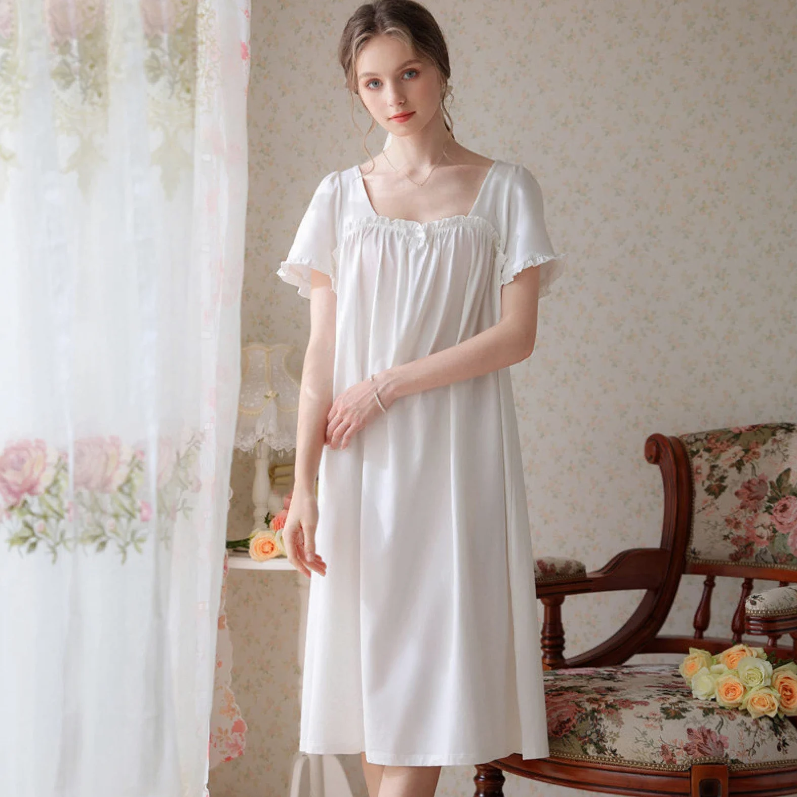 OFFSUM Camisón De Pijama De Mujer - Verano De Longitud Media Cuello Cuadrado Elegante Algodón Encaje Manga Corta Color Sólido Camisón Estilo Princesa Pijama Loungewear