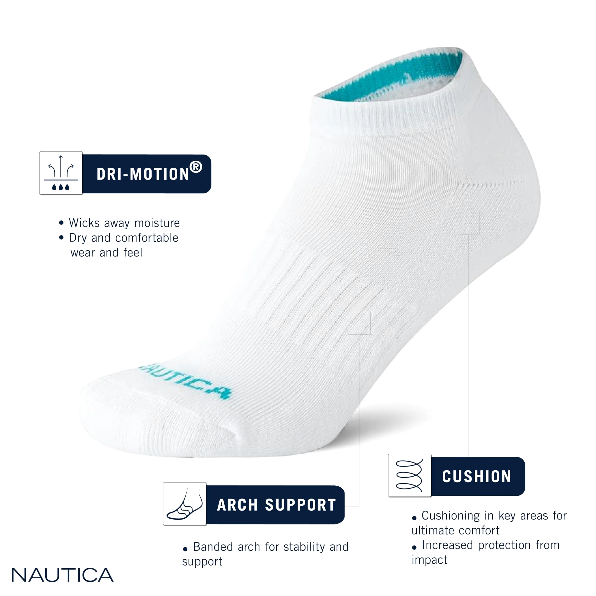 Nautica Women's Low Cut Moisture Control Athletic Socks with Cushioned Comfort (12 Pack) (Solid White, Shoe Size: 4-10)