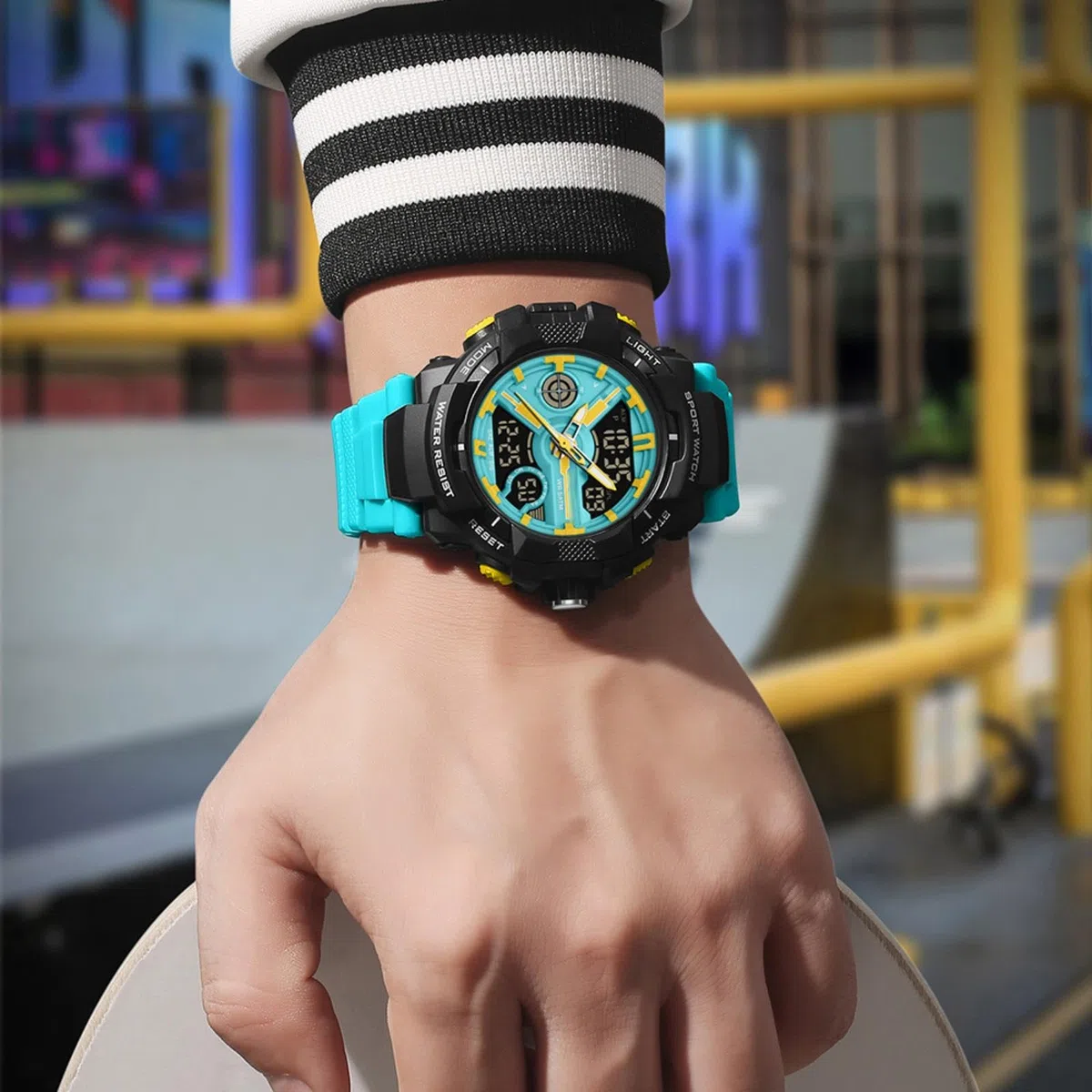 Relojes coloridos para hombre, para deportes al aire libre, resistente al agua, con alarma LED, fecha, doble dial y cronómetro