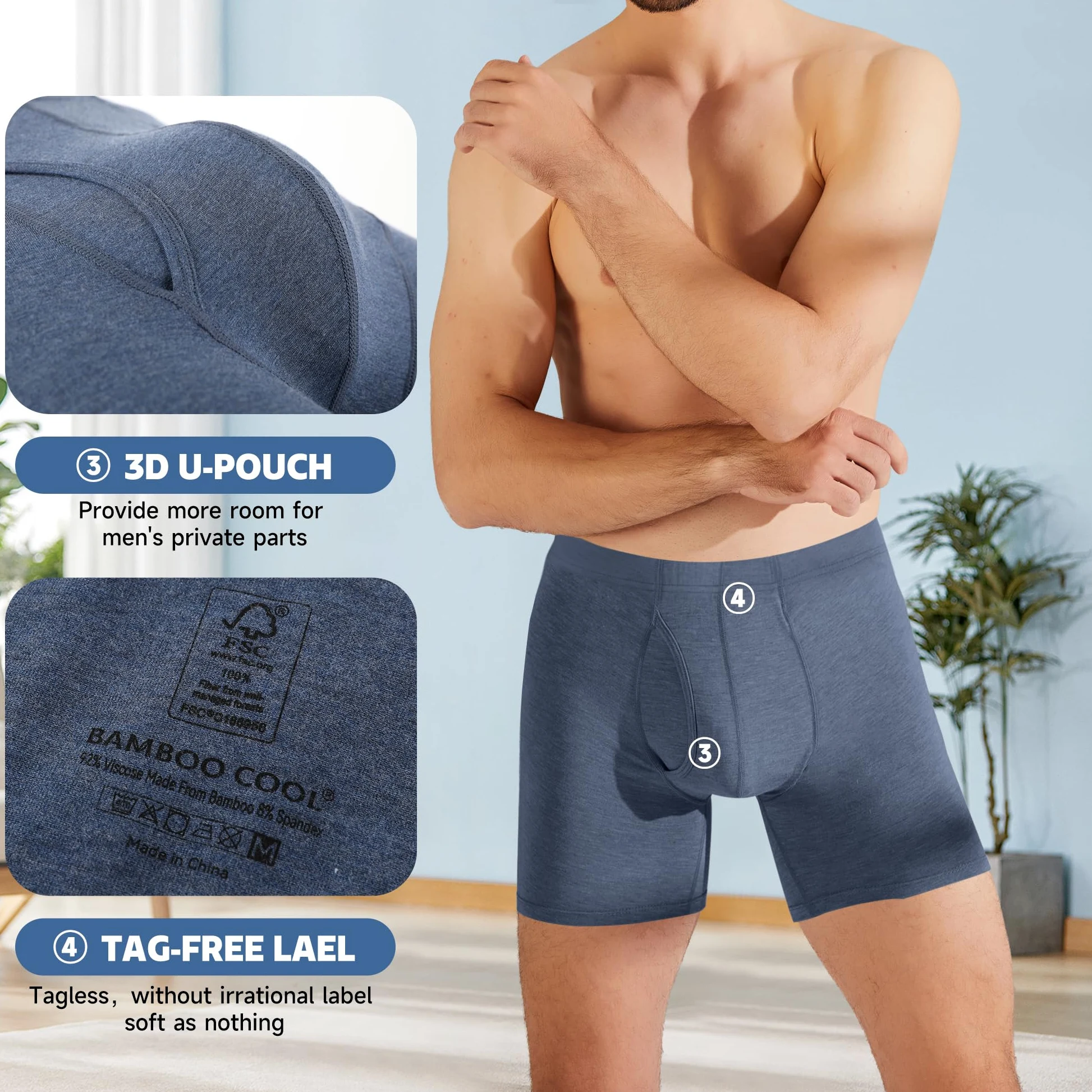 BAMBOO COOL Calzoncillos tipo bóxer para hombre, suaves, transpirables, largos, calzoncillos tipo bóxer para hombre