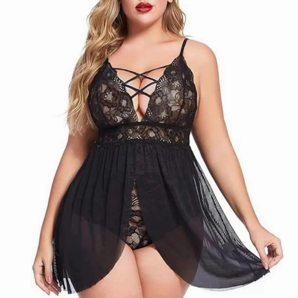 XHYRHTS Babydoll de lencería Sexy de Talla Grande para Mujer, camisón de Encaje, Ropa Interior de negligé, Ropa de Dormir de una Pieza, camisón para Mujer