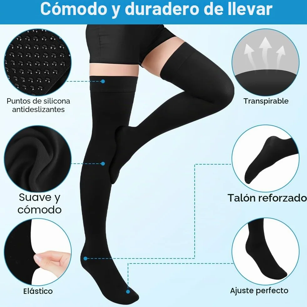 Medias de Compresión Mujer Hombre Hasta el Muslo 23-32 mmHg Soporte Graduado Punta Cerrada Varices Edemas