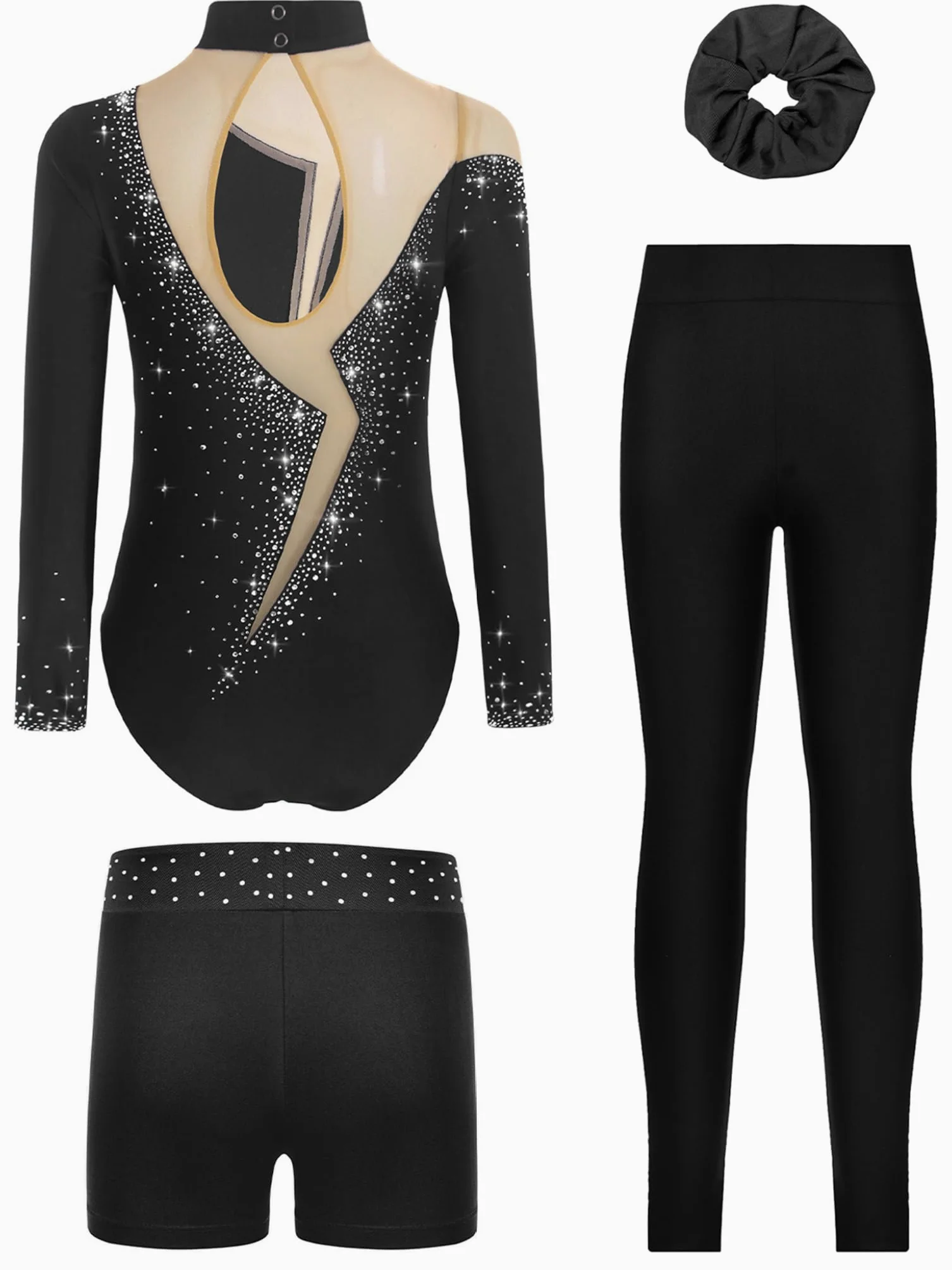 Piezas Traje Gimnasia Niñas Con Brillo Traje Entrenamiento Camiseta Manga Larga Patinaje Artístico Mono Baile Negro 15-16 años