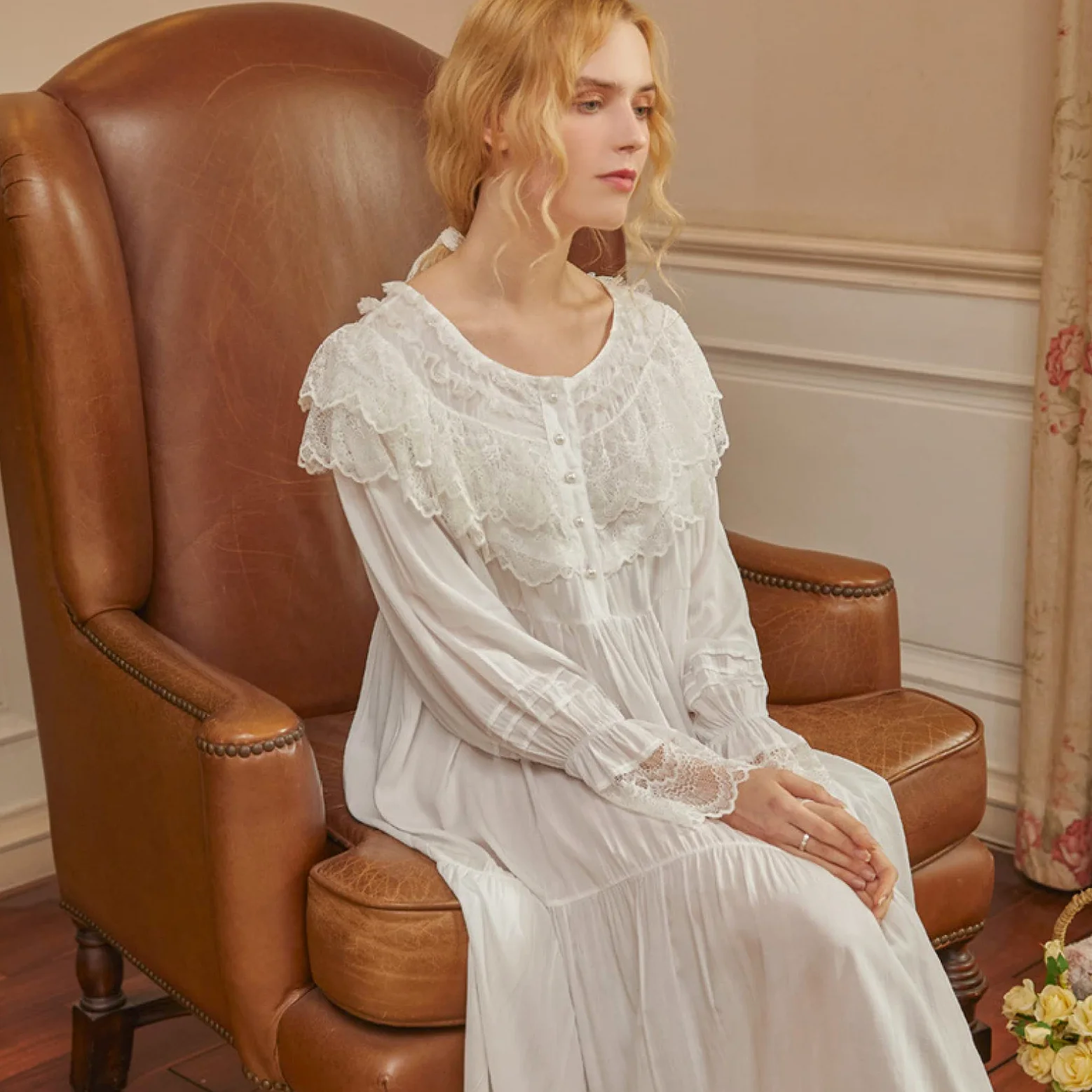 OFFSUM Camisón De Pijama De Mujer - Vestido De Encaje con Cuello Redondo Blanco Primavera Verano Elegante Camisón Vintage Princesa Ropa De Dormir Informal Bata De Novia De Gran Tamaño