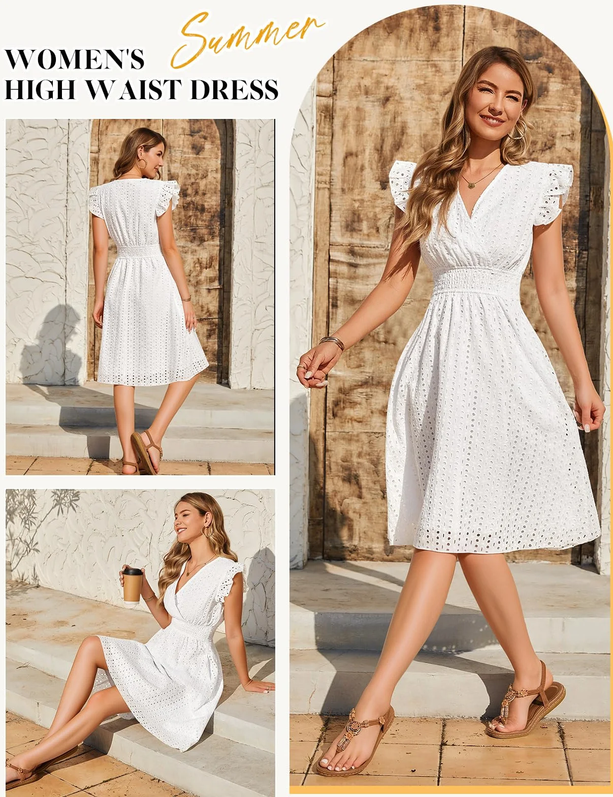Vestidos Verano Mujer Sin Mangas Corto Cuello en V Algodón Elegante Dress Manga Volantes Cintura Alta Elástica Mini Playa Sueltos Casual Bolsillos