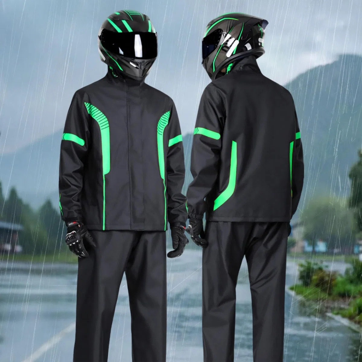 Traje de lluvia para hombre y mujer, chubasquero y pantalones de lluvia, conjunto de ropa de lluvia para motocicleta con rayas reflectantes, impermeable de dos piezas y pantalones de lluvia