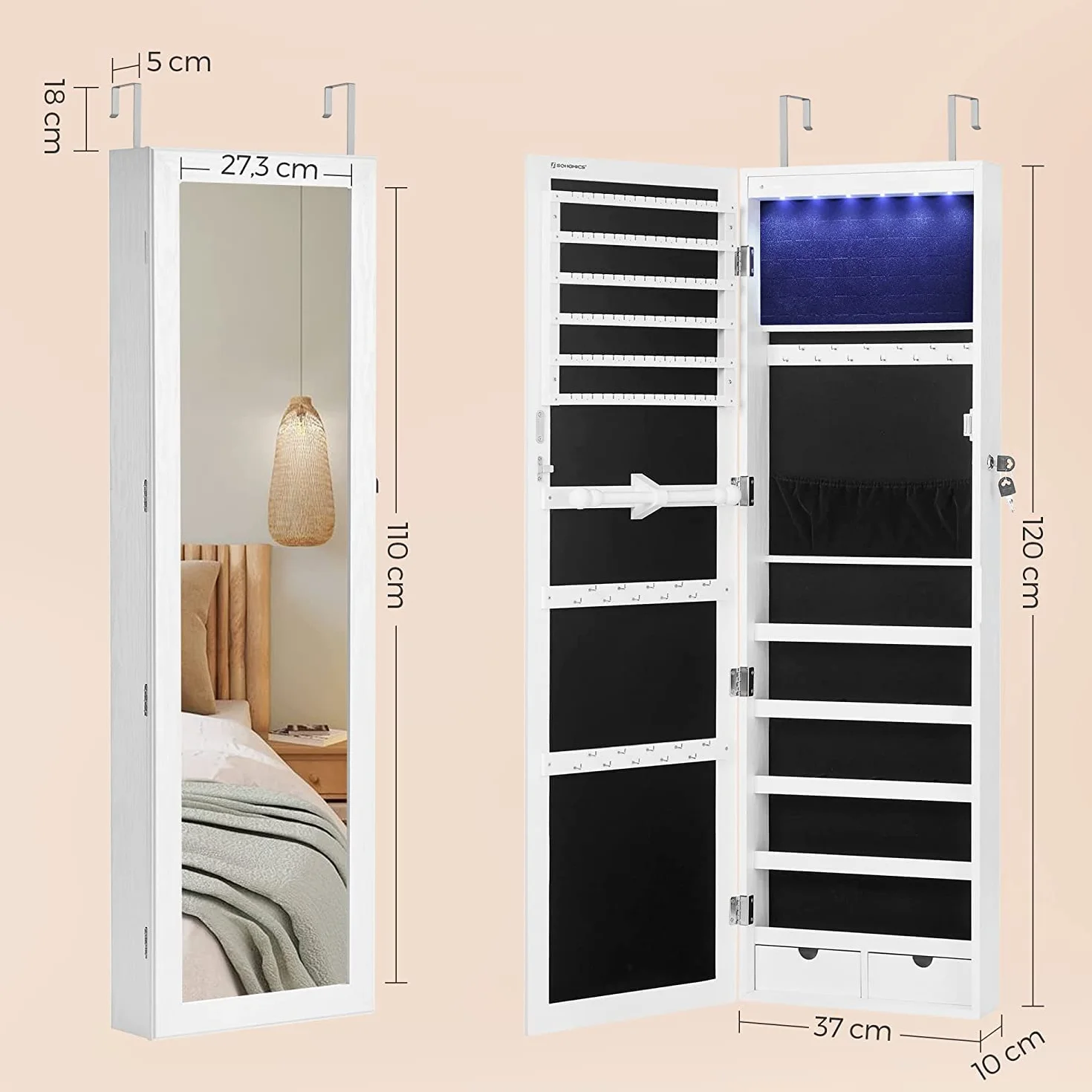 SONGMICS Armario para Joyas, Espejo Joyero de Pared, con Luces LED y Cierre, Organizador de para Pendiente, Collar, Espejo y Varios Compartimentos, Blanco con Vetas de Madera JBC93W