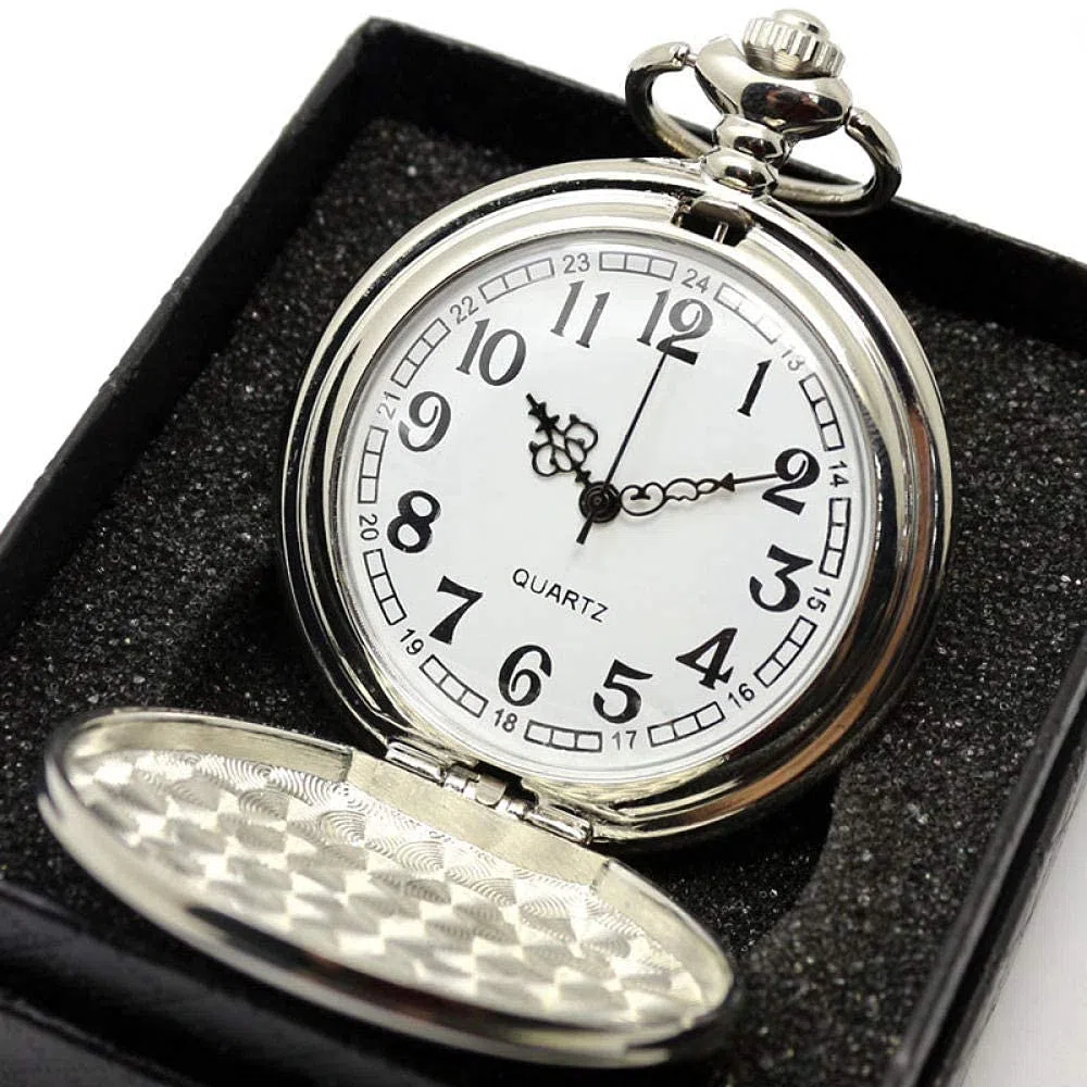 QUNINE Relojes de Bolsillo clásicos con Colgante de Cuarzo Vintage, Reloj de Bolsillo de Plata Pura Steampunk Personalizado, Collar con Cadena, Colgante, Caja de Regalo, Juego de Bolsa, Plata (Plata)