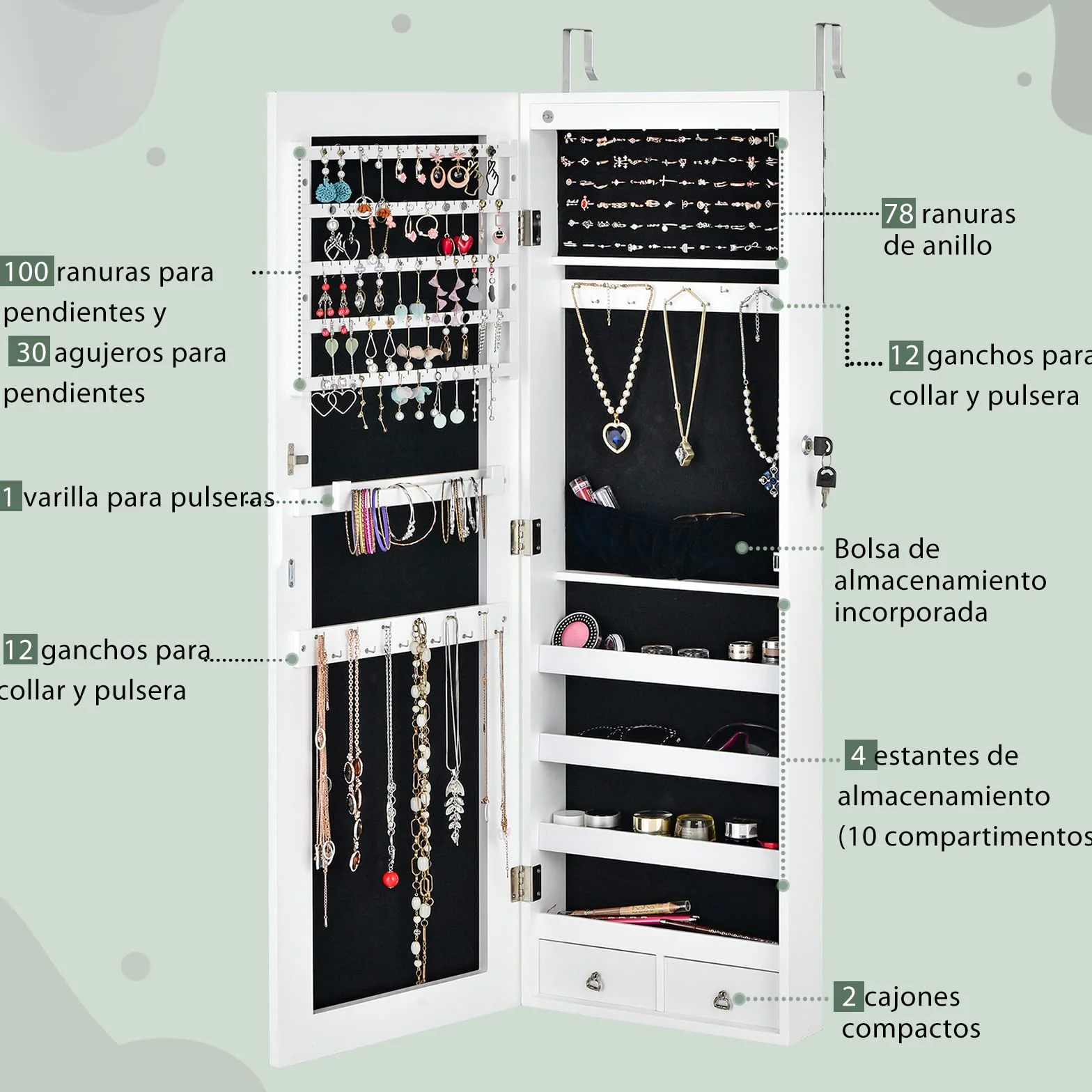 COSTWAY Armario con Espejo Joyero, Puerta LED y 2 Cajones, Cuerpo Entero para Dormitorio (Blanco)