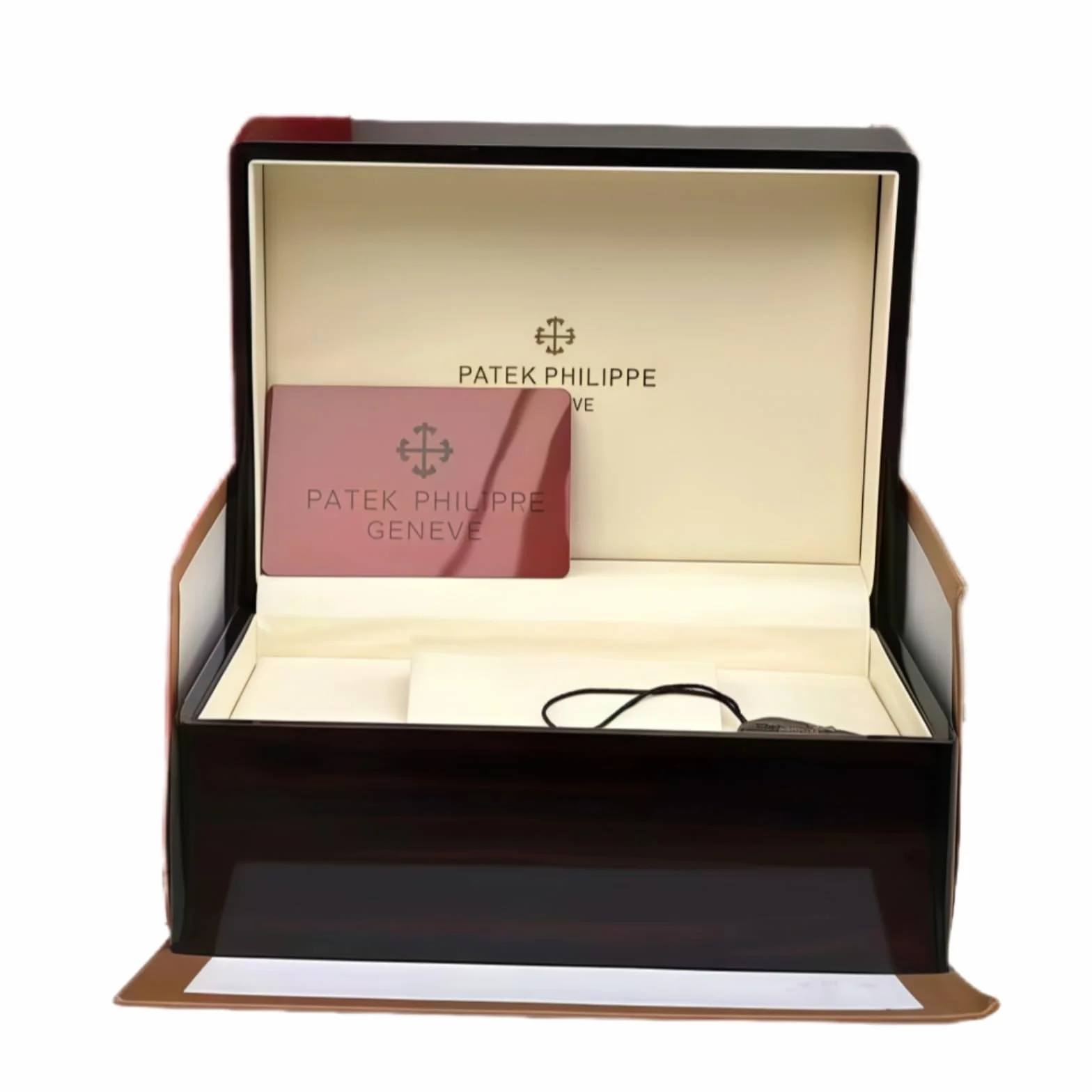 Patek Philippe Caja Reloj Madera Caoba Oscura Lacado Piano Alto Brillo Interior Cuero Crema Estuche Almacenamiento Lujo