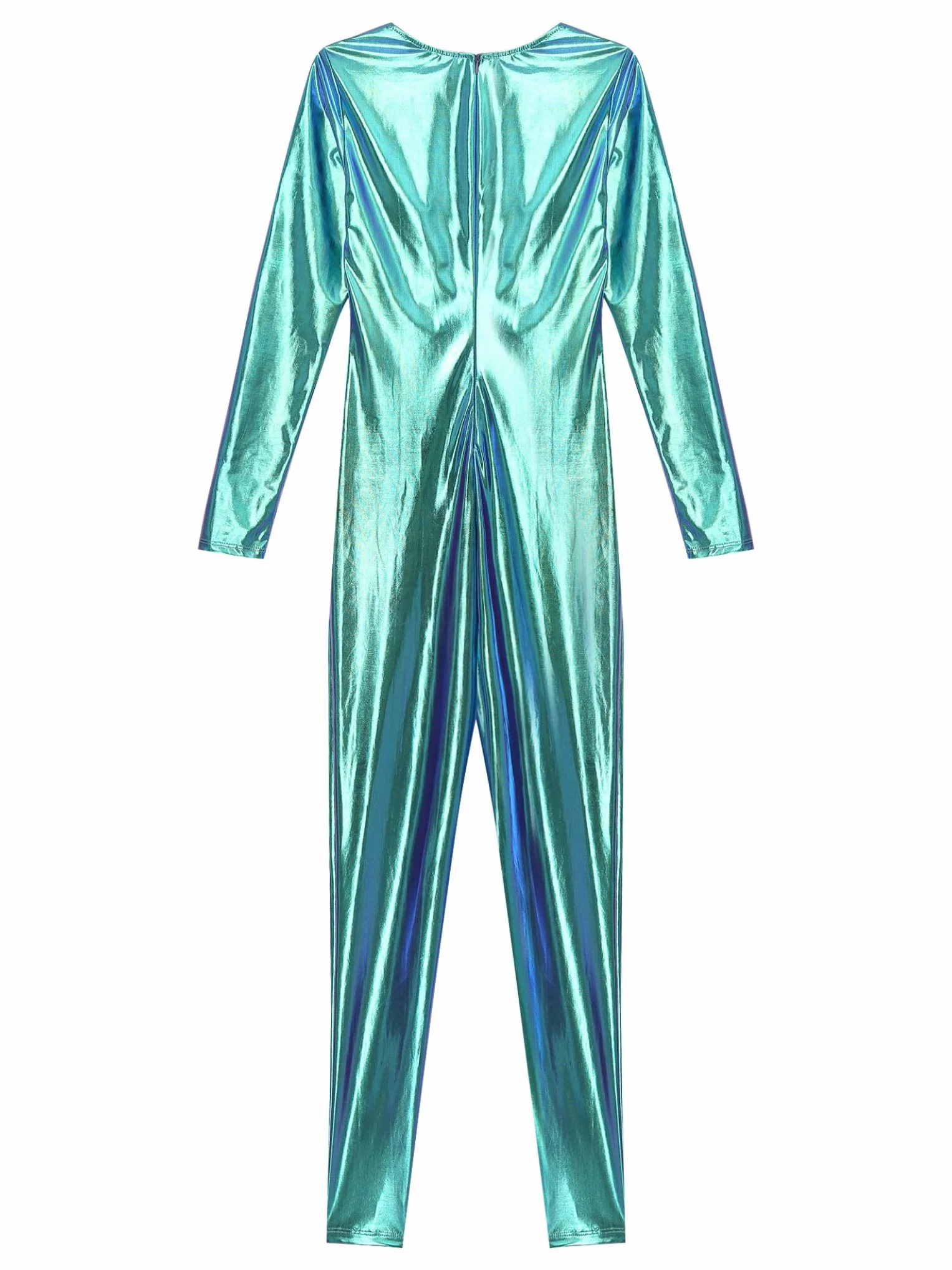 Mono de Gimnasia Rítmica para Mujer Brillante Metálico Largo Cuello Redondo Jumpsuit Traje Cuerpo Entero