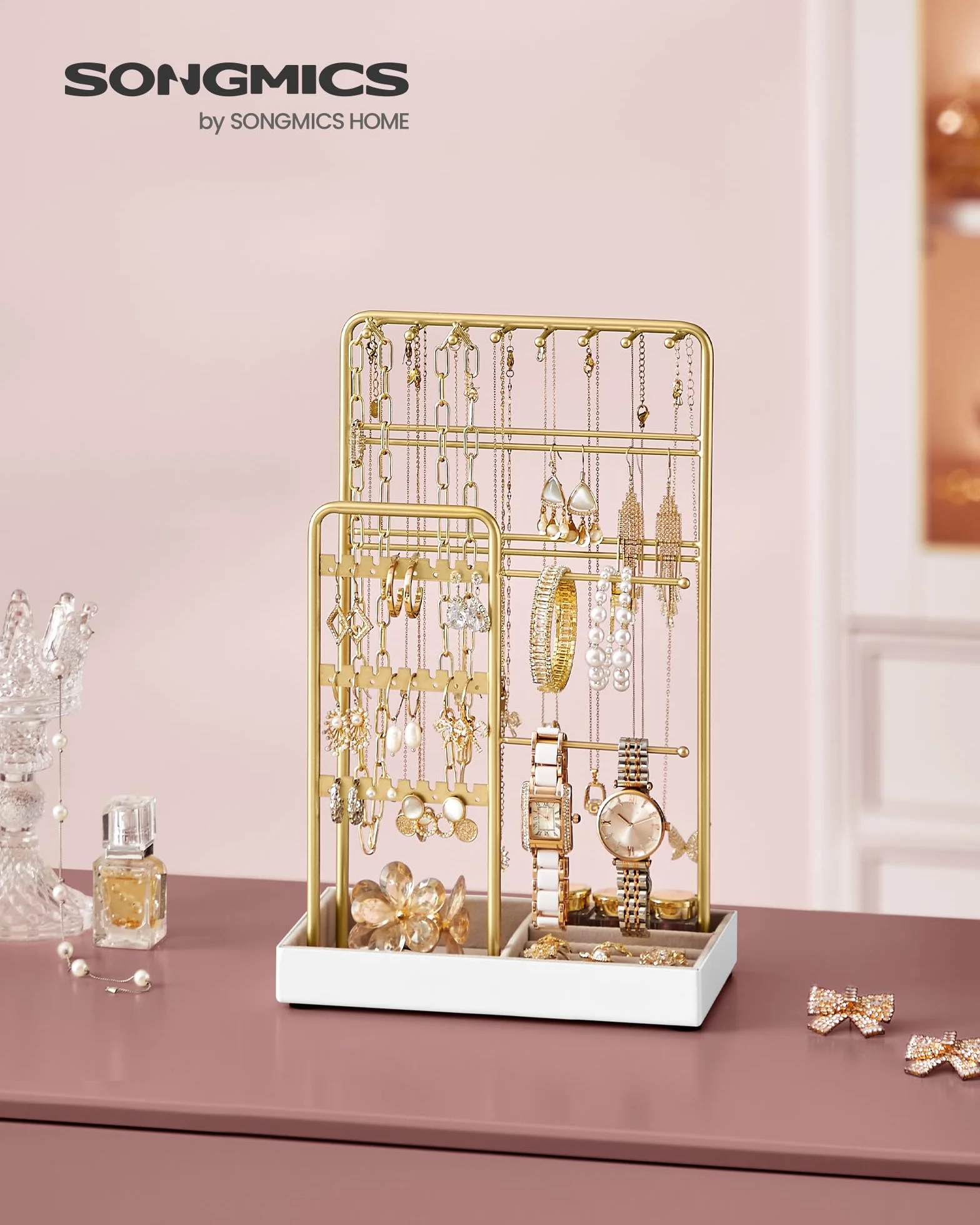 SONGMICS Soporte para Joyas, Organizador de Joyas, Marco de Metal Bandeja de Terciopelo Dorado