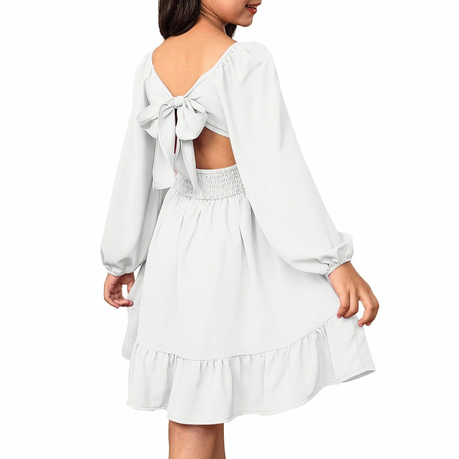 Vestido para niñas, cuello cuadrado, manga larga, acampanado, para verano, casual, cintura alta, plisado, con volantes, playa, vacaciones, boda