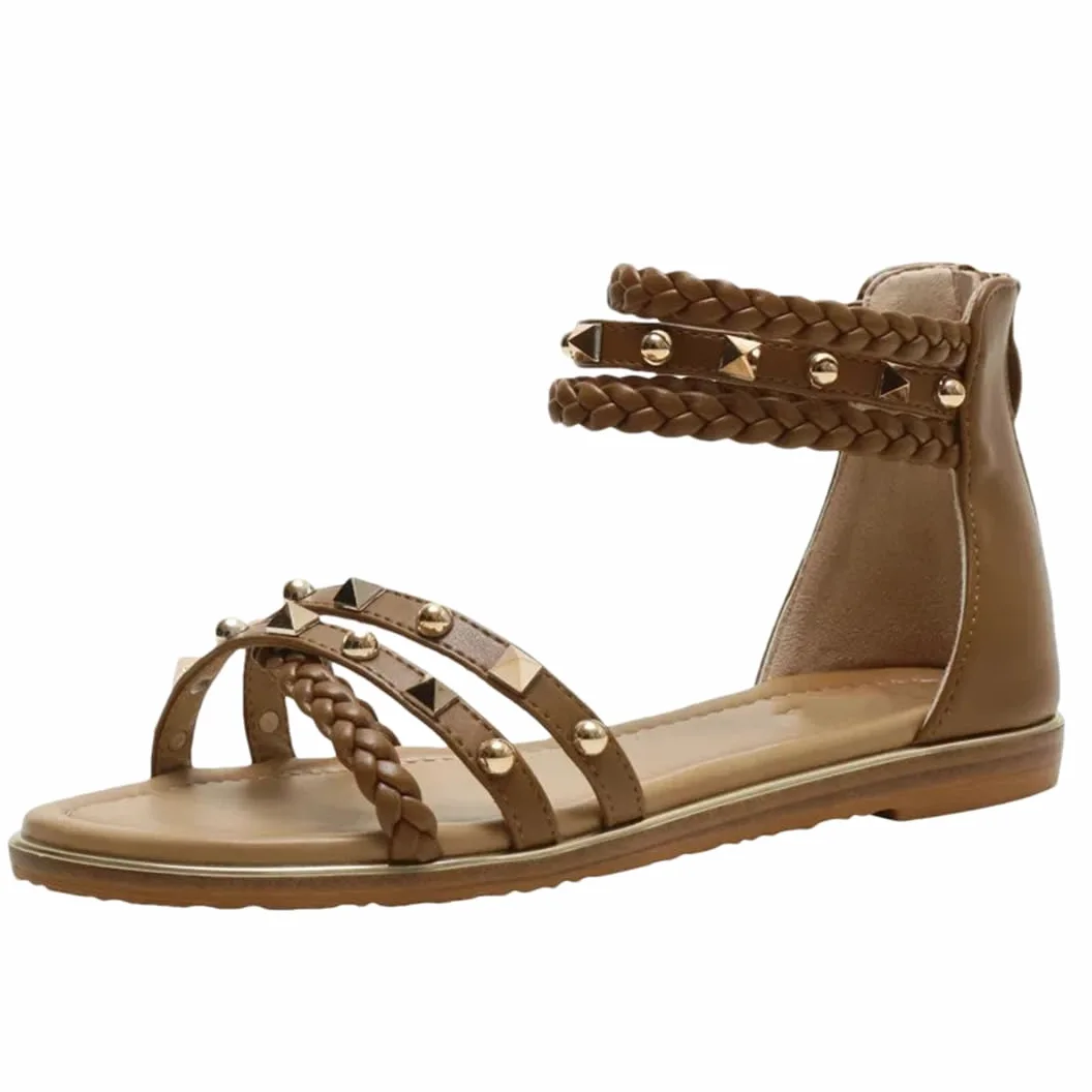 Sandalias étnicas con banda elástica para mujer, con correa de tobillo, tacón plano, con parte lateral abierta, estilo étnico, con remache superior, tejidas, retro, romanas, informales, de verano