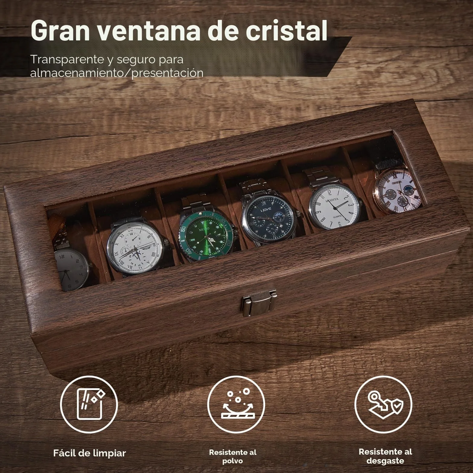 Ohuhu Caja Relojes con 6 Compartimentos, Caja para Relojes con Tapa de Cristal y Cojín Extraíble,Regalo para Cumpleaños Día del Padre Navidad