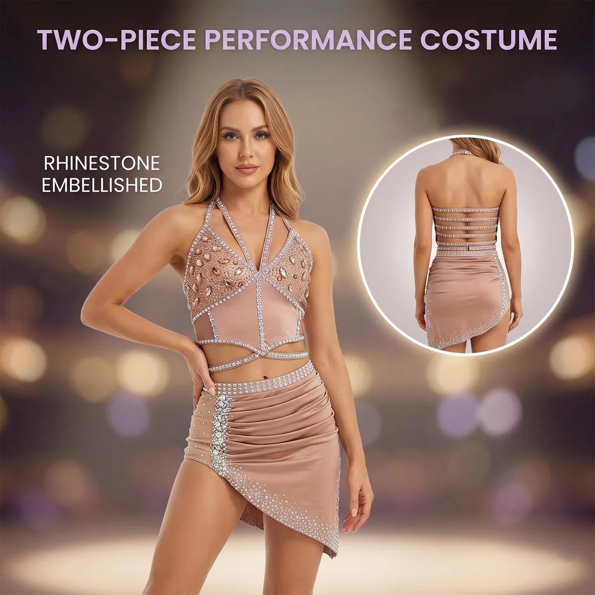 Traje de danza lírica con pedrería y espalda abierta for competición