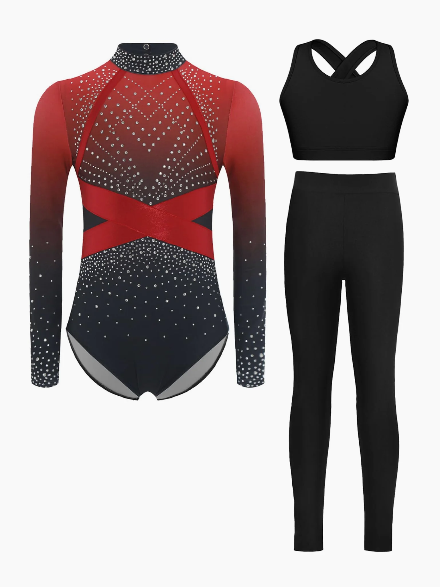 Piezas De Traje De Gimnasia Con Destellos Para Niñas Leotardos De Gimnasia De Manga Larga Tops De Deporte Brasier Y Pantalones Traje De Baile Para Rojo 5-6 años