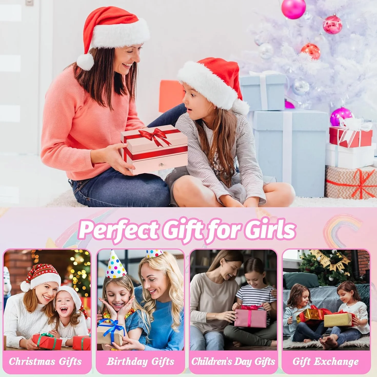 Joyero Musical Niña de Madera con Bailarina Giratoria, Regalo Navidad Cumpleaños (Rosa)