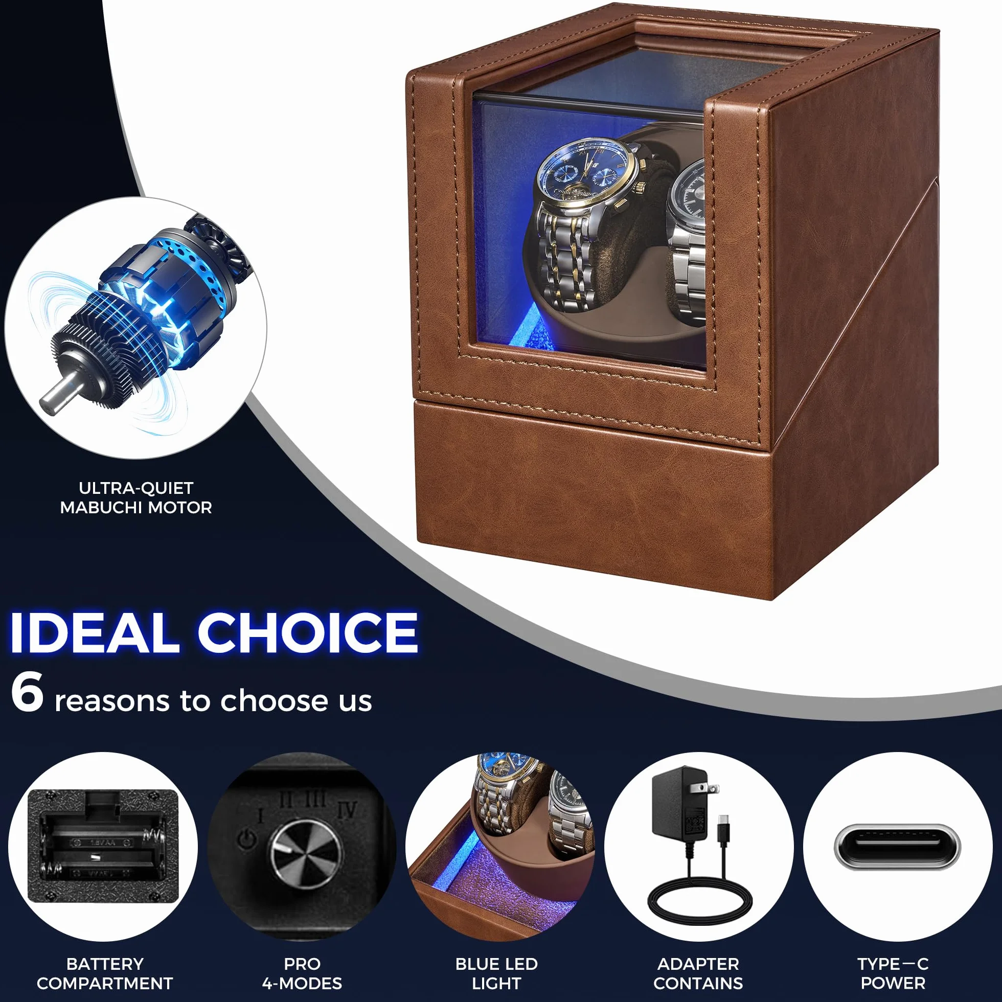 BEWISHOME SYQ02Z Bobinador de reloj automático doble con luz LED, 4 modos, motor silencioso japonés