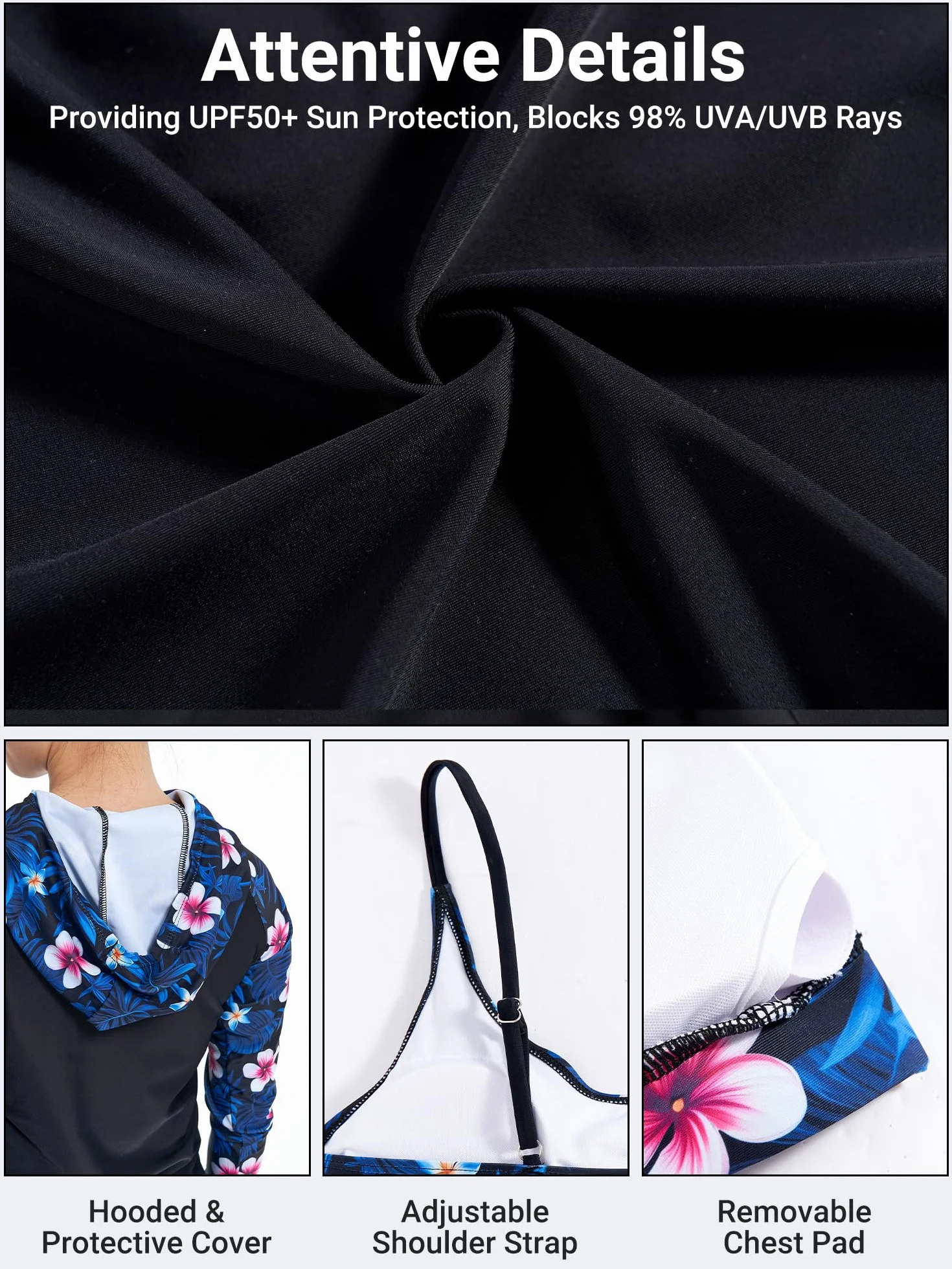 Owntop Camiseta de protección contra erupciones de 3 piezas para mujer | Trajes de baño con capucha UPF50+ | Camisas de manga larga con cremallera y parte superior de bikini y pantalones cortos de