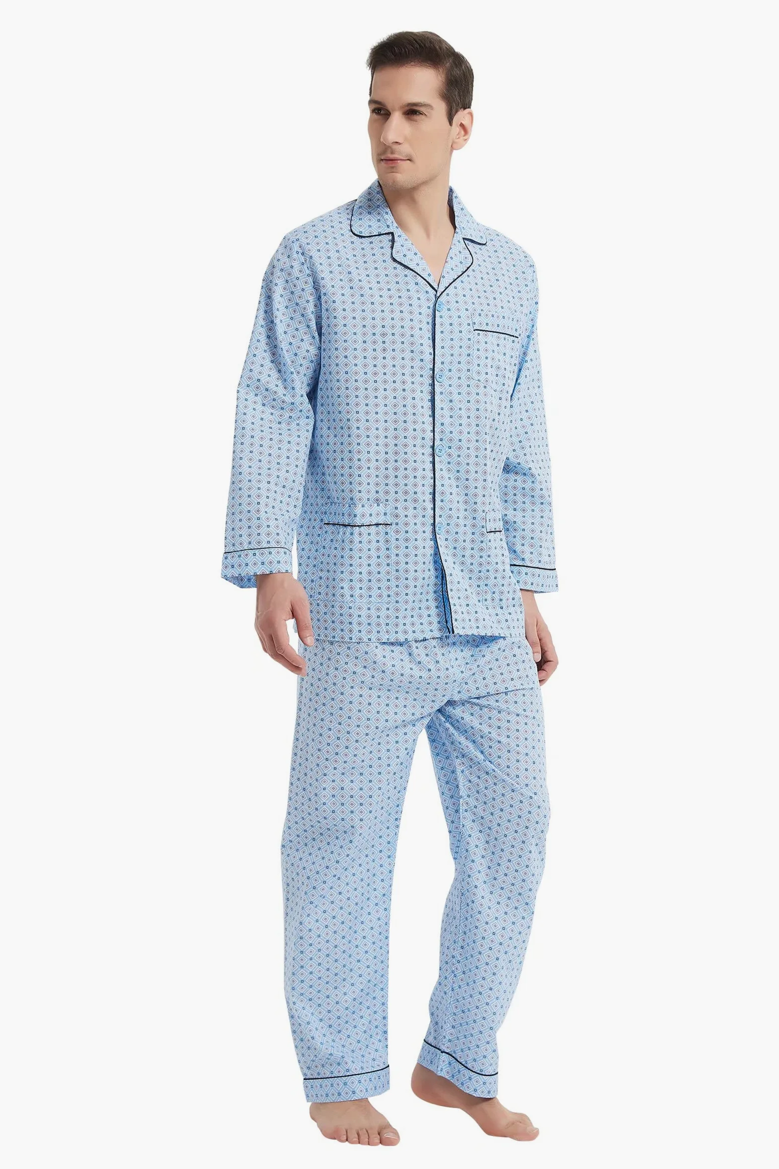 GLOBAL Pijama Hombre 100% Algodón Ropa de Dormir Manga Larga con Botones Cordón Transpirable Conjunto de Pijama Hombre Ropa de Estar por Arriba y Abajo S-3XL