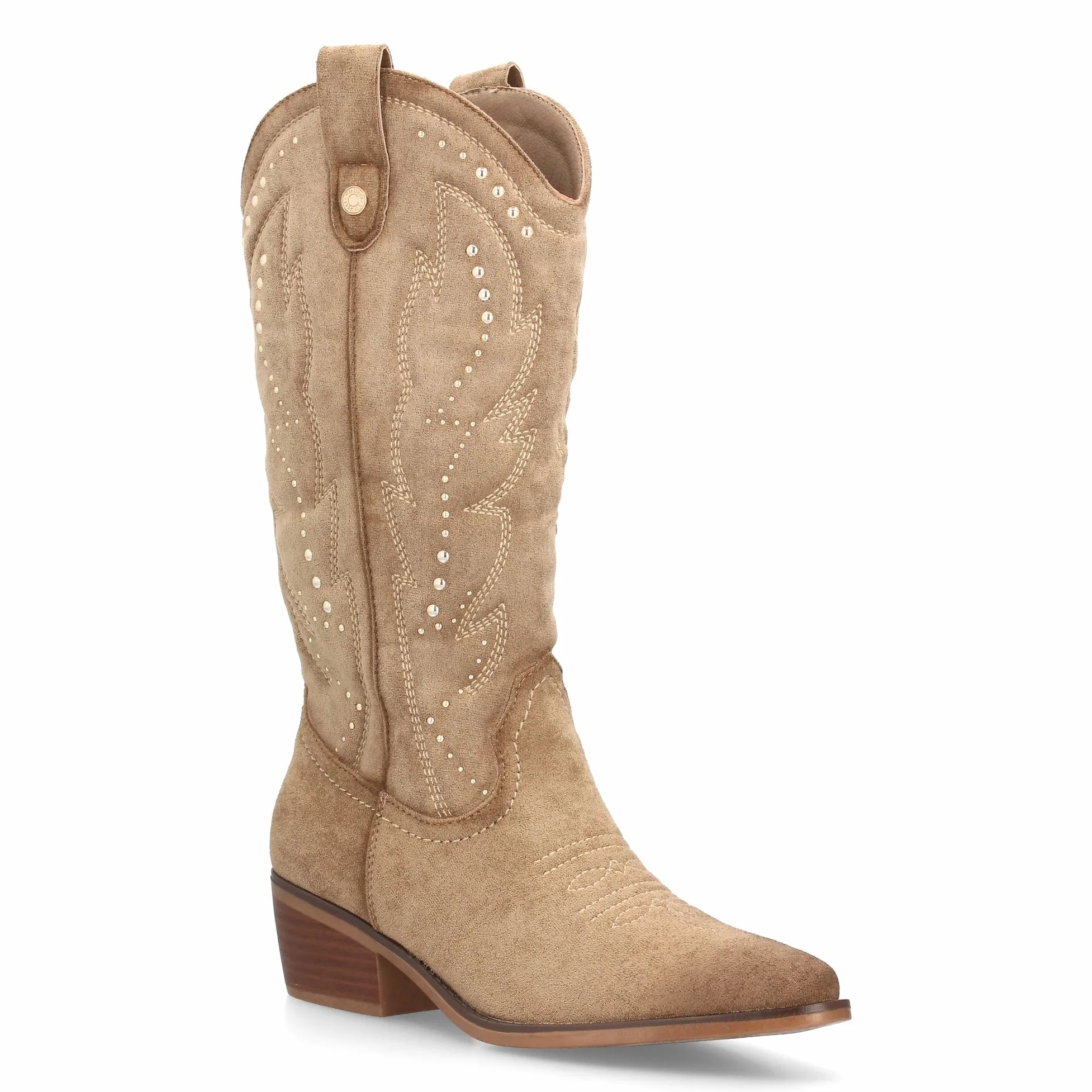 Botas Cowboy de Mujer Estilo Western con Diseno Elegante. Cana Alta con Bordados Decorativos y Tachuelas metalicas. Tacon Ancho de Altura Media, Punta Fina. Ideal Otono Invierno.