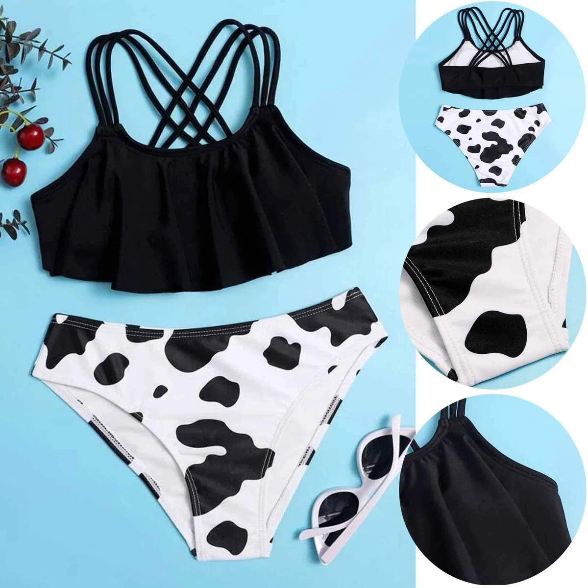 Traje de baño para niña adolescente, traje de baño para bebé, cruzado a través de la espalda, camiseta de vaca de verano, 2 piezas, bikini