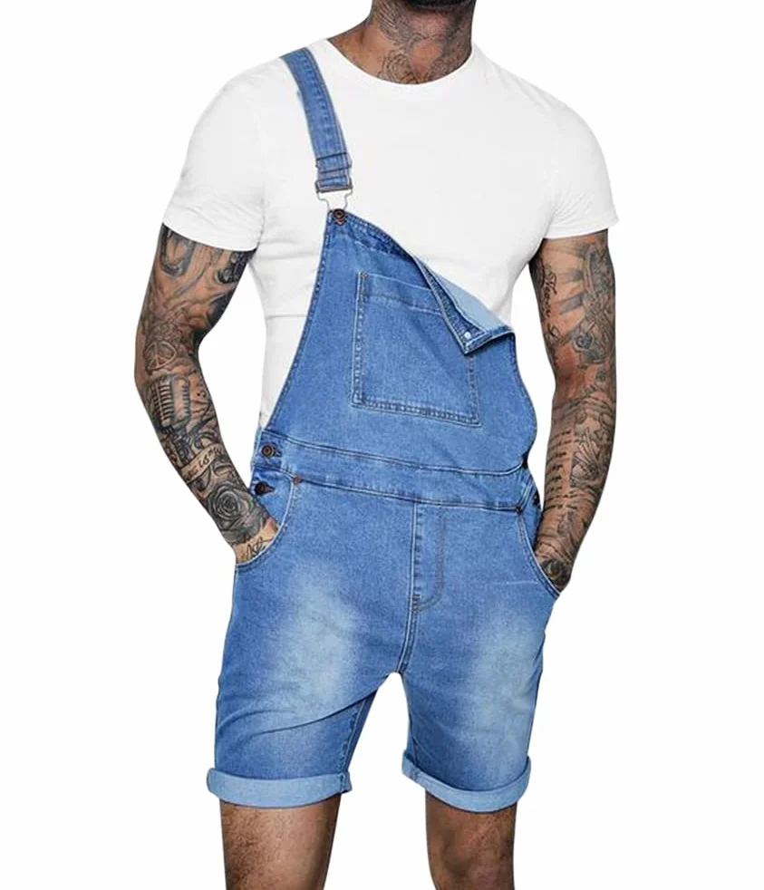 Pantalones Cortos Vaquero Hombre Mono Moda Casual Lavado Rasgados Multibolsillo Tirantes