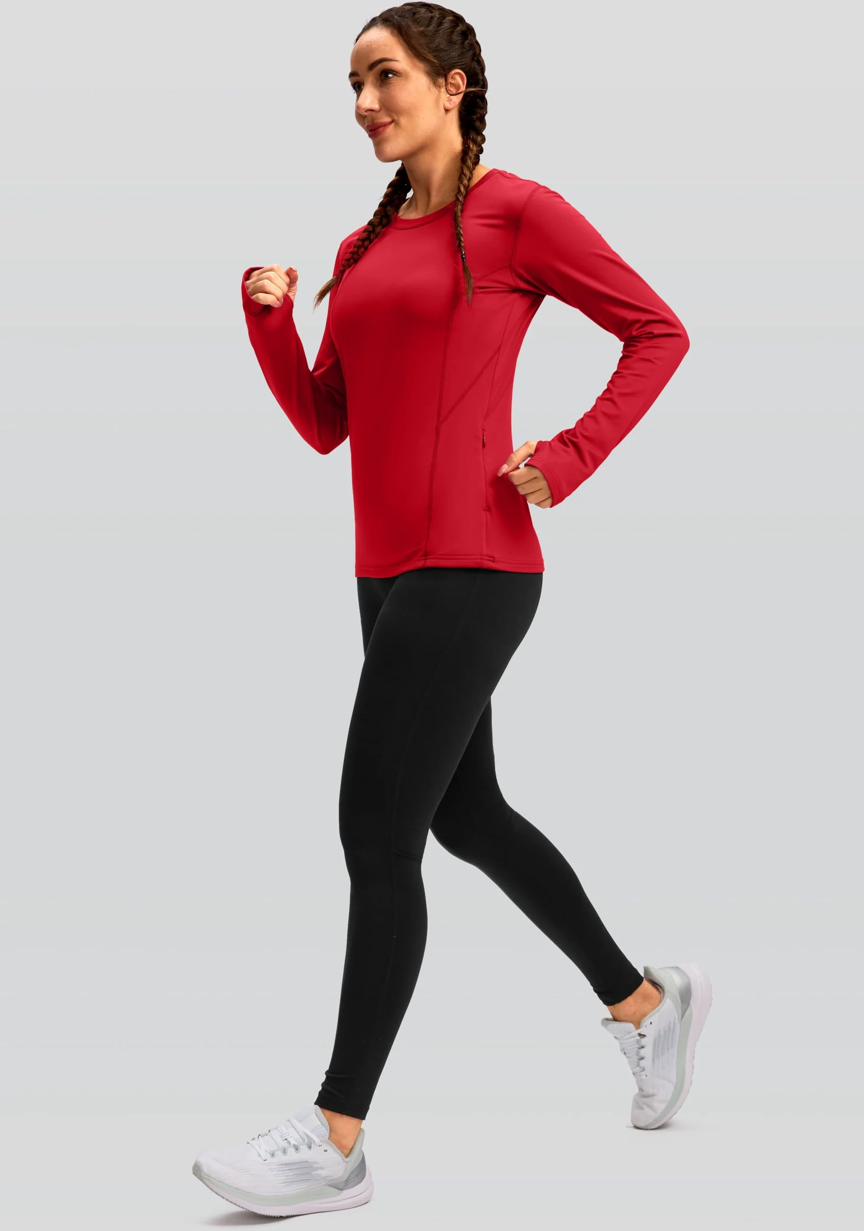 Camiseta térmica de forro polar para mujer, manga larga, para entrenamiento, correr, capa base atlética, con agujeros para el pulgar y bolsillo con cremallera
