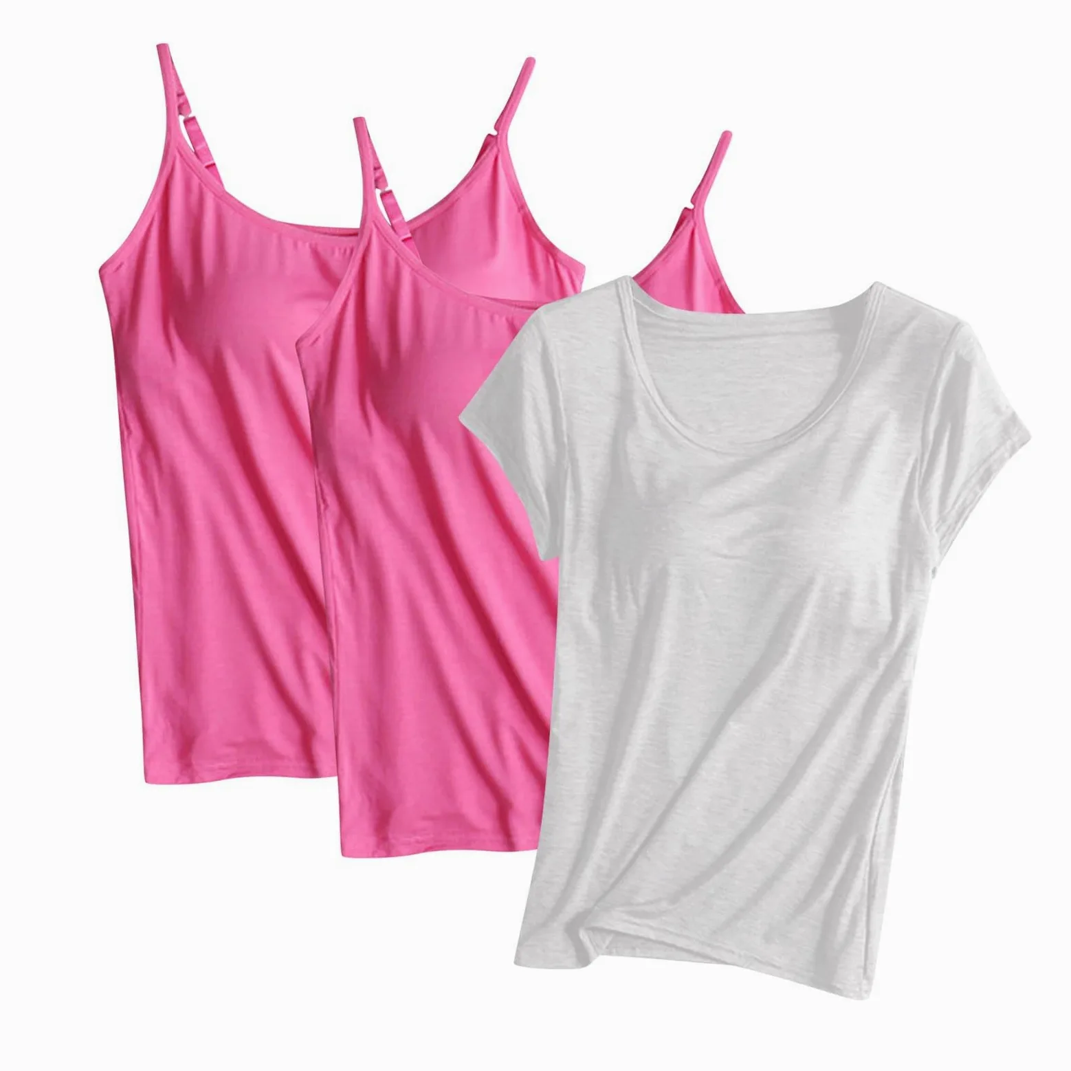 HAOLEI Ropa Mujer Verano 2025,3 Piezas Camisetas Manga Corta Mujer y Camiseta Tirantes Mujer Cuello en Redondo Color Sólido Ropa Interior con Almohadilla de Pecho Suave y Cómoda Camisole Shirt