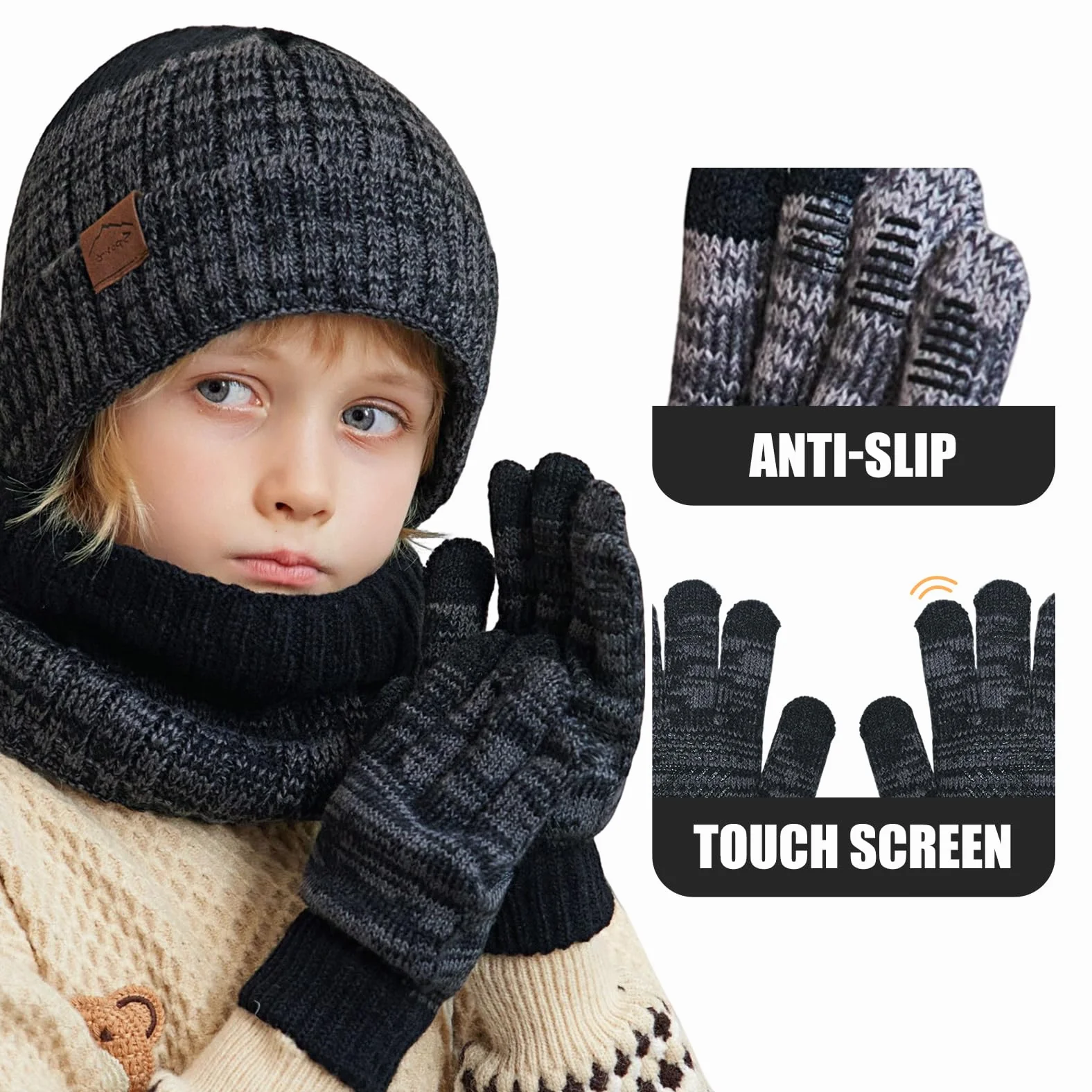 Gorro Invierno Niño Niña Braga Cuello Guantes Térmico Gorro de Punto Braga Cuello Polar Guantes de Pantalla Táctil para Niños Niñas 4 a 10 Años