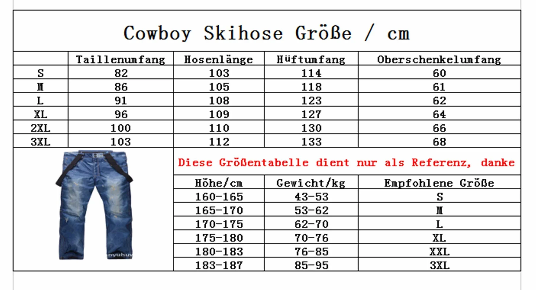 Denim Tirantes Pantalones de esquí Impermeable Transpirable Warm Skiing Snowboard Hombre Mujer
