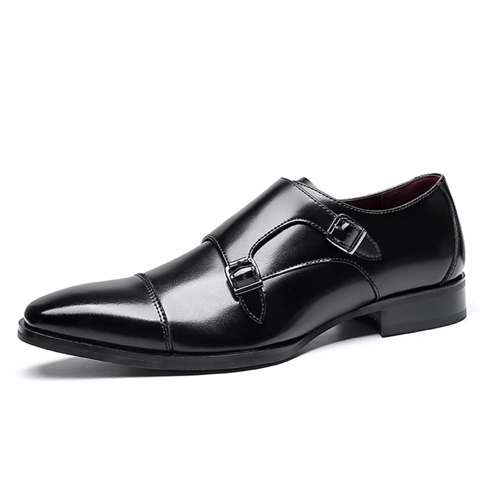 Zapatos de vestir formales for hombres Slip On Double Monk Strap Puntera bruñida Puntera de cuero Antideslizante Suela de goma Antideslizante Low Top Block Heel Walking ( Color : Negro , Size : 41 EU
