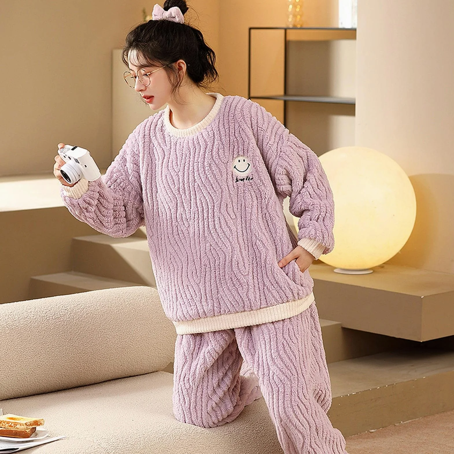 TOBILE Pijama de franela de invierno para mujer, conjunto de pijama de felpa jacquard cálido grueso para el hogar, pantalones de dos piezas, pijama 9904, M