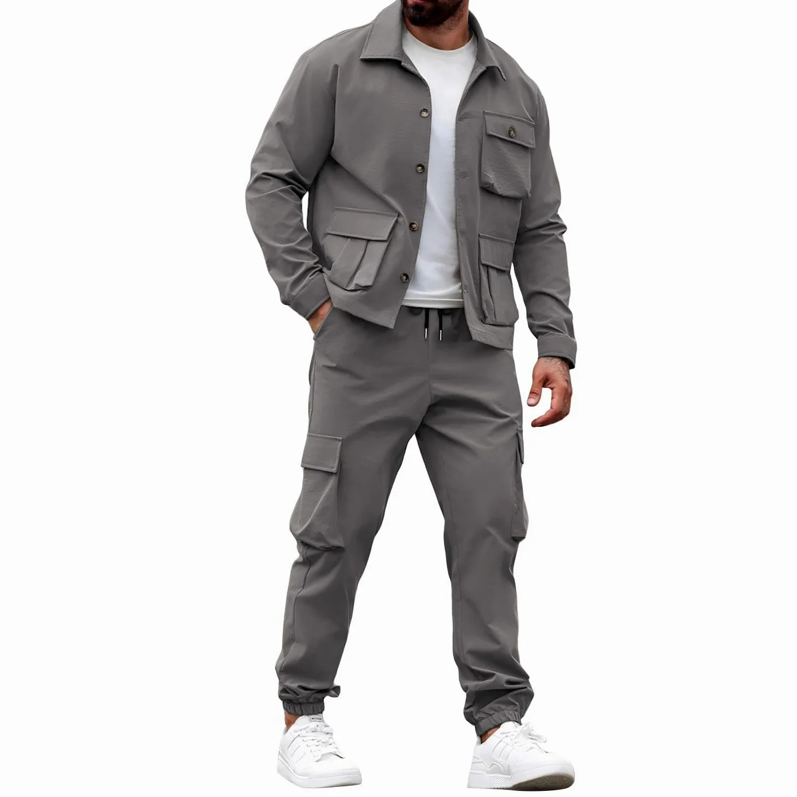 Conjunto completo de chándal para hombre, 2 piezas, chaqueta tipo cargo y | Conjuntos de entrenamiento elásticos, pantalones de escalada y camisetas de entrenamiento, con múltiples bolsillos