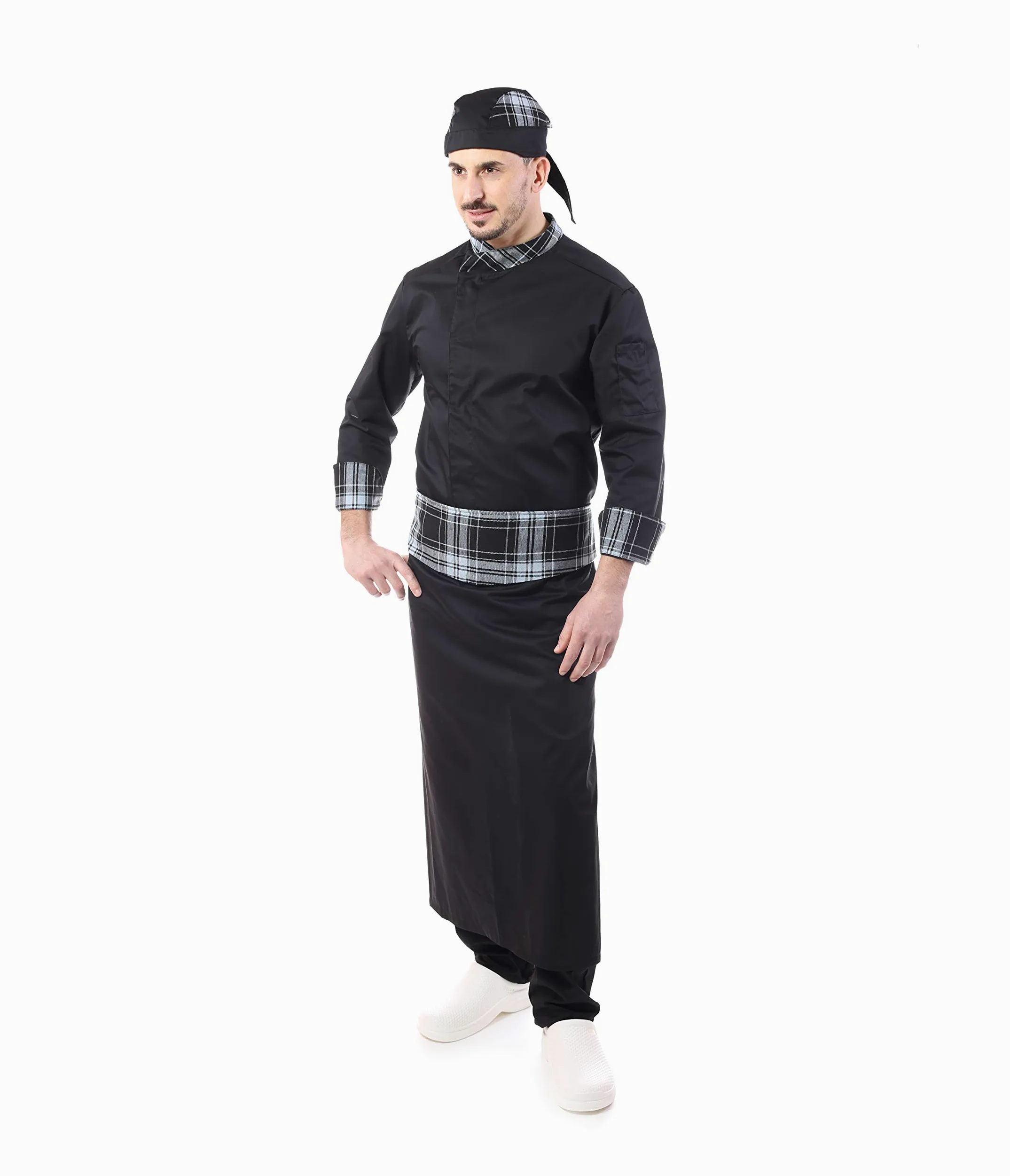 Bordado gratuito, conjunto de cocinero escocés, uniforme para hombre Chef, 4 piezas, chaqueta pantalón delantero, bandana, para cocina y restaurante, fabricado en Italia Scozzese