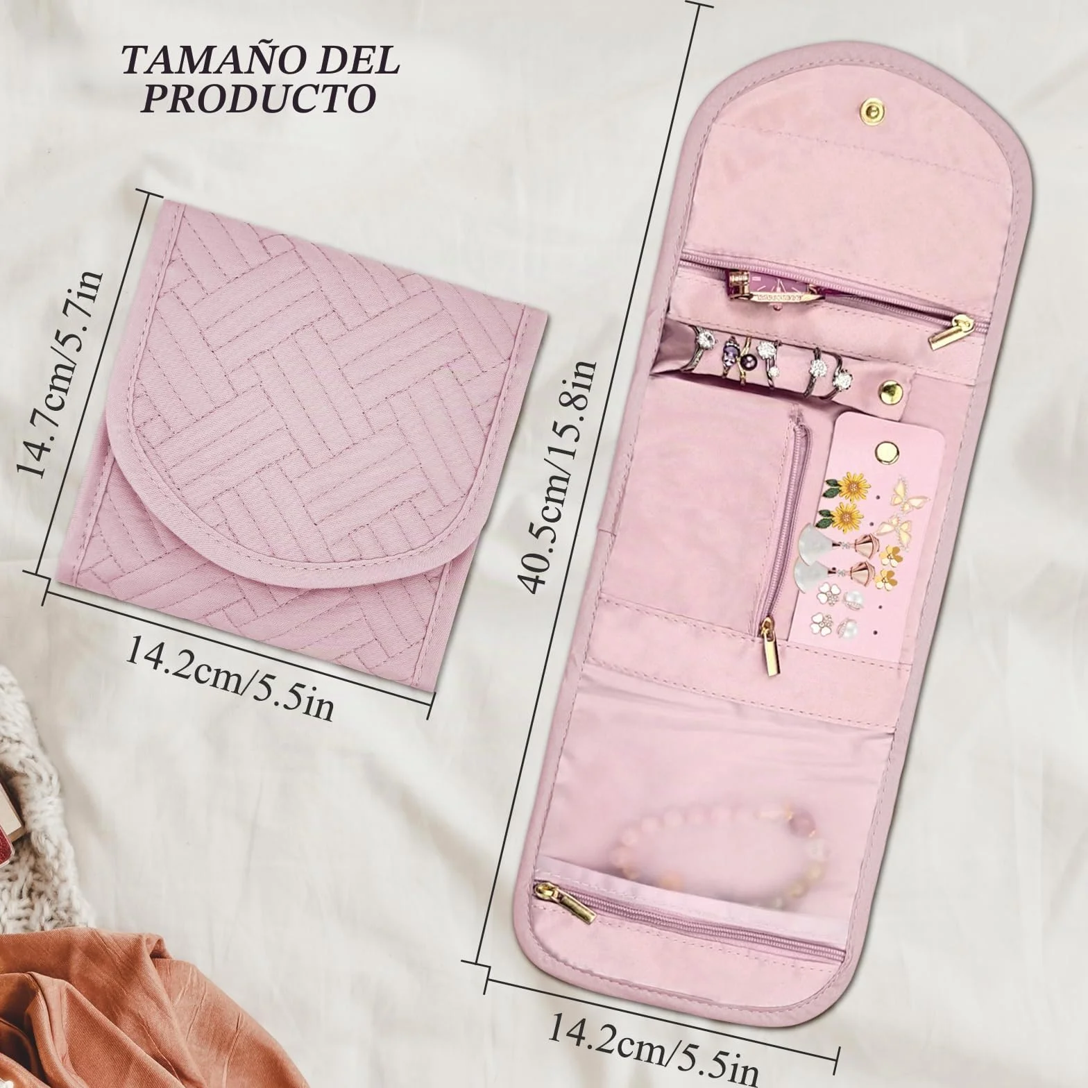 AfitLulu Joyero Mujer Bolsa Organizadora de Joyas, Portátil Joyero Viaje Plegable para Niñas y Mujeres, Bolsa de Almacenamiento de Joyas para Anillos, Pendientes, Collares, Pulseras (Rosa)