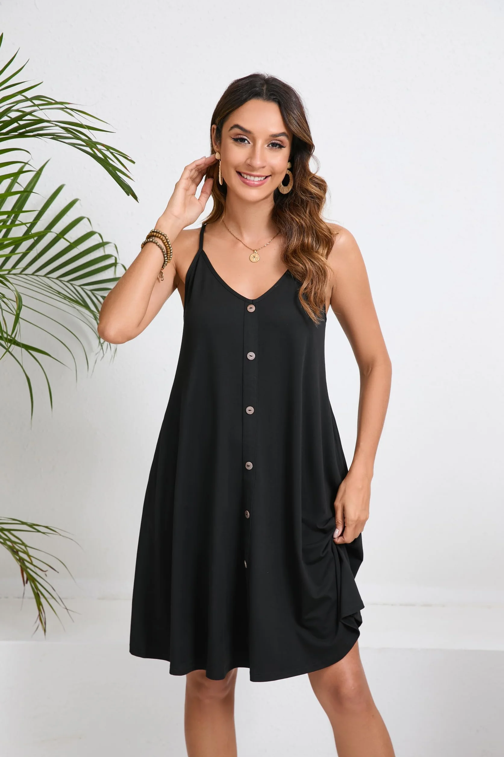 Enmain Mujer Vestidos Verano Floral Sin Mangas Vestido de Playa hasta la Rodilla Casual Cuello en V Tirantes de Espagueti Vestidos con Bolsillos para Fiesta Hawai Vacaciones S-2XL