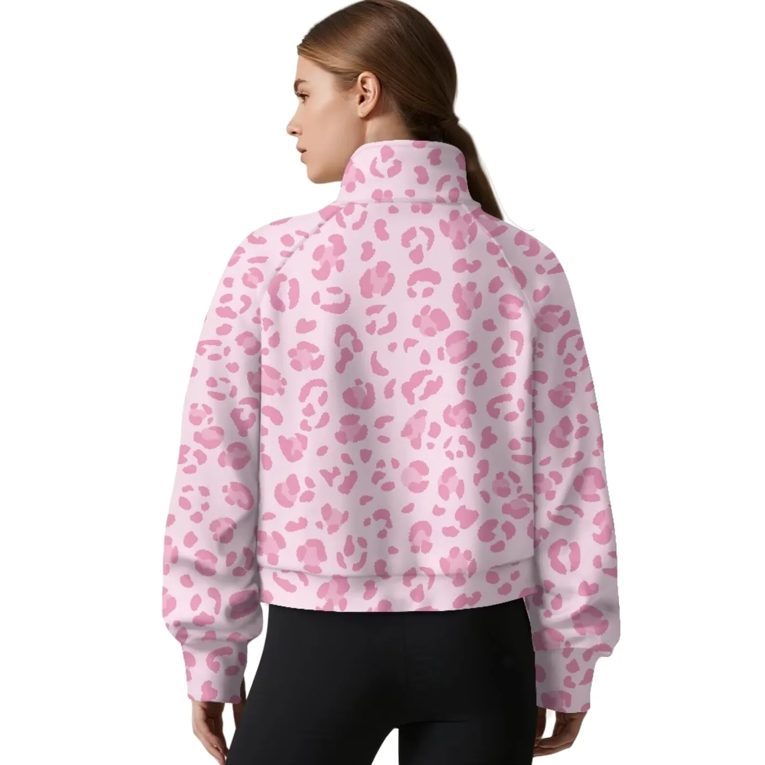 Poceacles Sudadera corta con media cremallera para mujer, con agujero para el pulgar, manga larga, sin capucha, cuello alto falso